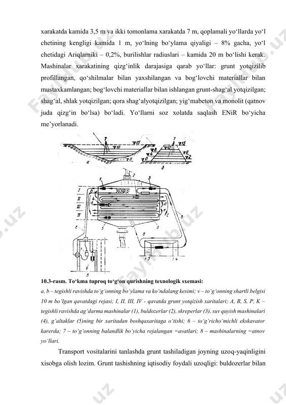 s, p, k – tegishli ravishda ag‘darma mashinalar (1), buldozerlar (2), skreperlar (3), suv quyish mashinalari (4), g‘altaklar (5)ning bir xaritadan boshqaxaritaga o‘tishi; 6 – to‘g‘richo‘michli ekskavator karerda; 7 – to‘g‘onning balandlik bo‘yicha rejalangan =avatlari; 8 – mashinalarning =atnov yo‘llari. transport vositalarini tanlashda grunt tashiladigan joyning uzoq-yaqinligini xisobga olish lozim. grunt tashishning iqtisodiy foydali uzoqligi: buldozerlar bilan – 100 m gacha; tirkamali skreperlar bilan – 250...800; o‘ziyurar skreperlar bilan – 800...3000; traktor telejkalarida – 500...800; ag‘darma mashinalar bilan – 800...3000 m va undan orti= (ag‘darma mashinalarning yuk ko‘tarish qobiliyati oshib borishiga qarab). ekskavatorlar karerda ag‘darma mashinalar yoki traktor telejkalari bilan birga ishlaydi. so‘nggi zikr etilgan transport vositalari ekskavator cho‘michining sig‘imi bilan ularning yuk ko‘tarish qobiliyati nisbatidan kelib chiqib tanlanadi. ish xajmiga qarab ekskavatorlarning turi va o‘lchamlari quyidagi jadvaldan tanlanadi. 10.1-jadval ish xajmiga qarab ekskavatorlarning turi va o‘lchamlarini tanlash gruntni qazishning bir oylik xajmi, ming m3 cho‘mich sig‘imi, m3 20 gacha …