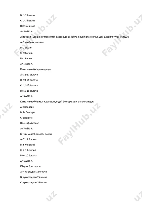 1 ёшда. бош ва кўкрак айланаси нечага тенг ? a) 46- 48 см b) 50–55,5 см c) 53 – 63 см d) 56 – 58 см answer: a хомилани бош айланасини аниклаш формуласи (п-хомиланинг хафталик муддати ). a) 32 – 1 (34 - п) ва 32 – 0,5 (п- 34) b) 35 – 2,5 (34 –п ) ва 35 – 2 ( п – 34 ) c) 34 – 2 (34 – п ) ва 34 – 1,5 (п – 34 ) d) 33 – 1,5 (34 - п) ва 33 – 1 ( п- 34) answer: a янги туғилган чакалокларда бош ва кўкрак айланаси нечага тенг: a) 34- 36 ва 32 – 34 см b) 42- 43 ва 44 – 45см c) 46 – 48 ва 50 -52 см d) 38 -40 ва 36-38см answer: a 25 хафтадан 42 хафтагача бўлган хомиланинг кўкрак айланасини аниклаш формуласи : ( п …