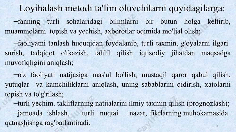 jaga erishilishi belgilanadi. maqsadni aniqlagach, loyihaning mazmunini belgilaymiz. reja asosida amalga oshirish uchun vazifalar belgilanadi, ya'ni faoliyat rejasi ishlab chiqiladi. loyihaning umumiy tavsifi oydinlashadi. aniq faoliyatga asos yaratiladi. loyihani amalga oshirish uchun tuzilgan reja aniq bo'lishi, haddan tashqari murakkab bo'lmasligi kerak. umumiy rejadan tashqari haftalik va oylik rejalar tuziladiki, uning asosida talaba bajaradigan ishlarni yanada oydinlashtiradi. loyiha qatnashchilari belgilanadi. 10:34:26 6 loyiha qatnashchilari o'z qiziqishlari, fikr doiralari bilan bir-birlariga yaqin, yordam beruvchi o'quvchi, talabalar bo'lib, ularni loyihada qo'yilgan maqsad birlashtiradi. ularni yoniga keyinchalik boshqa qatnashchilar ham qo'shilishi mumkin. lekin qatnashchilar haddan tashqari ko'payib ketishi salbiy oqibatlarga olib keladi. shuning uchun loyihada har bir qatnashuvchining bajaradigan vazifasi aniq yozib qo'yiladi. loyihani amalga oshirish muddatlari belgilanadi. agarda u bosqichlarga bo'linsa, uni ham muddatlari bilan ko'rsatiladi. 10:34:26 7 loyihalash va uni amalga oshirishning bosqichlari: 1- bosqich. loyihani ishlab chiqish. unda loyihani amalga oshirish shakllari va vositalari, bosqichma-bosqich natijalari ham ko'rsatiladi. 2-bosqich. loyihada belgilangan …