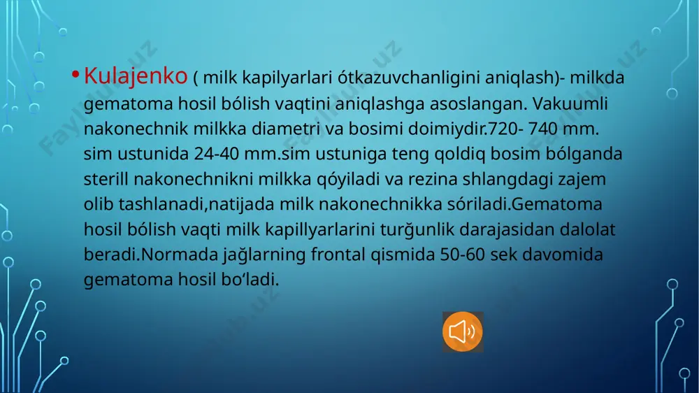 eksini faqatgina parodontdagi boshlang'ich ózgarishlarda qóllash mumkin. milk sórg'ichuning yallig'lanishi (p)-1, milk qirg'og'ining yallig'lanishi (m)-2, alveolyar milk yallig'lanishi (a)-3 deb baholanadi. parma indeksi har bir tishdagi marginal parodont ballari qóshiladi va yig'indi topiladi; tishlar soni 6 yoshdan 11 yoshgacha -24, 12 yoshdan 14 yoshgacha -28, 15 yoshdan keyin- 30 deb olinadi fedorov-volodkina bóyicha gigiyenikindeksi shiller-pisarov suyuqligi 321/123 tishlarni vestibular yuzasiga surtiladi. karashga qarab tishlarni yuzasidagi sohalar har xil intensivlikda bóyaladi sonini baholash 5 balli shkala bóyicha amalga oshirilariladi: butun tish toj qismining bóyalishi-5, 4dan 3 qismining bóyalishi-4, 4dan 1 qismi-2 bóyalmaganligi-1. the end image1.png media1.wav media2.aac image3.emf media3.aac image4.png media4.aac media5.aac image5.png image6.png image7.png media6.aac image8.png media7.aac image9.png image10.png media8.aac image11.png image12.png media9.aac media10.aac image13.png media11.aac image14.png media12.aac image15.png media13.aac image16.png media14.aac