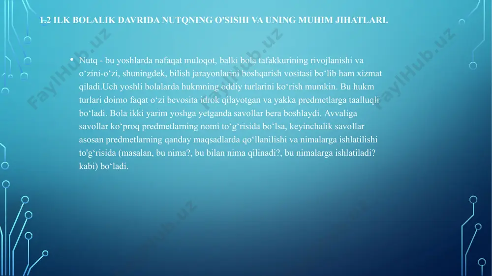 ng kichkinasini o'qqa taxlaymiz”, deb piramidaga halqalar yig‘iladi. so‘ngra bolaga piramidani yoyish va halqachalarning katta-kichikligini e’tiborga olib yig‘ish taklif etiladi. bajarish: 2 yosh, 2 yosh-u 2 oylik - 3 halqachali piramidani halqachalarning katta kichikligini e’tiborga olib yig‘adi. 2 yosh 6 oylikdan, 3 yoshgacha - 4 halqachali piramidachani halqalarning katta-kichikligini e’tiborga olib yig‘adi. xulosa mazkur kurs ishi yuzasidan olib borilgan ishlar natijasida quyidagicha xulosalarga keldik. ilk bolalik davri bosqichida bolaning birinchi yoshidan boshlanadi va uch yoshga to'lganda tugaydi. ushbu bosqichda bolalar bog'chaga boradilar va boshqa bolalar bilan muloqot qilishni boshlaydilar. ular gapira boshlaydilar va so'zlarni aytadilar va ma'lum jumlalarni tuzadilar. ilk bolalikning ushbu bosqichida mavjud va ular faqat o'zlari haqida boshqalarning fikrlarini hisobga olmasdan o'ylashadi. jismoniy ko'rinish jihatidan tana o'sishda davom etadi va boshning kattaligi tananing qolgan qismi bilan tenglashtiriladi. birinchidan, ilk bolalik davri bola hayotining eng ahamiyatga ega davri hisoblanadi. bu yoshdagi bolalar faol va muloqotga intiluvchan bo‘lishadi. shu sababli …