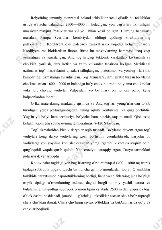 ring xosil bo`lishini osonlashtiradi, daryolar bu vodiylarga yon yoyilma konuslar orasidan yomg`irgarchilik vaqtida ayqirib oqib, qurg`oqchil vaqtda qurib qoladi. yon eroziya taraqqiy etgan. daryo tarmoklari juda siyrak va tarqoqdir. kotlovinalar tagidagi yon bag`irlarning o`rta mintaqasi (400 – 1600 m) tropik tipdagi subtropik tipga o`tuvchi birmuncha qalin o`rmonlardan iborat. o`simliklar tarkibida daraxtsimon paporotniklarning borligi, liana va epifitlarning juda ko`pligi tropik tipdagi o`rmonlarning eslatsa, dag`al bargli doimiy yashil daraxt va butalarning mavjudligi subtropik o`rmon tipini eslatadi. 2500 m dan yuqorida tog` o`tlok dashti boshlanadi, janubi — g`arbdagi tekisliklar asosan sho`r bo`z tuproqli chala cho`ldan iborat. chala cho`lning siyrak o`tloklari va butazonlarida qo`y va echkilar boqiladi. o`lkaning katta territoriyasi sho`rxoklar, sho`r ko`llar, sho`r botqoqliklar, mustaxkamlangan va sochilma qumlar bilan band. shimoliy and tog`lari - venesuella, kolumbiya va ekvador and tog`lari orografik planiga va qisman orogenik jarayonlar xarakteriga ko`ra turlichadir. ularning umumiy xususiyati namgarchil iqlimli ekvator yoni geografik kengliklarda joylashganligi bo`lib, bu iqlim shimolga …