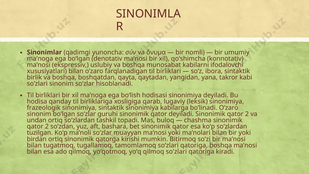 chun tildagi paronimlarni farqlay bilish, maʼnolarini toʻgʻri anglay olish zarur. shunda "sharaf" oʻrniga "sharob", "kompaniya" oʻrniga "kampaniya", "tovlanmoq" oʻrniga "toblanmoq", "enlik" oʻrniga "ellik" tarzida qoʻllashlarga oʻrin qolmaydi. badiiy adabiyotda, publitsistikada, ommaviy soʻzlashuvda matnning, nutqning ifodaviyligi va taʼsirchanligini oshirish maqsadida paronimlardan keng foydalaniladi. paronimlarni ataylab adashtirib qoʻllash kulgili holatni keltirib chiqaradi; bunday qoʻllanishlar soʻz oʻyi-nida, askiyada, shuningdek, personajlarning nutqiy xususiyatlarini ochib berishda zarur boʻladi. e’tiboringiz uchun raxmat image3.jpeg image4.jpeg image6.png image7.png image2.jpeg