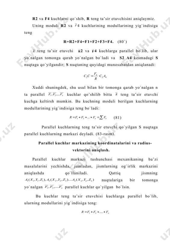 inatalarini, ya’ni parallel kuchlar markazining koordinatalarini xc ,yc , zc bilan belgilaymiz (84-rasm). s nuqtaning holati kuchlarning yo`nalishiga bog`liq emas, shuning uchun kuchlarning hammasini qo’shilgan nuqtalari atrofida unga parallel qilib buramiz. burilgan kuchlarga varin`on teoremasini tatbiq etamiz. burilgan kuchlarning teng ta’sir etuvchisi bo`lgani uchun undan y o`qiga nisbatan moment olib, (82) tengligini yozamiz. bu holda kuchlarning yelkasi, qo`yilgan nuqtalarning abssissasiga teng bo`ladi. rasmdan chunki r1=r , xuddi shunga o`xshash har bir kuchning y o`qiga nisbatan momenti bo`ladi, chunki va xokazo. 84-rasm bu miqdorlarning hammasi (82) tenglikga qo`yilsa, bo`ladi. bundan xs ya’ni parallel kuchlar markazining abssissasi aniqlanadi: (83) yc koordinatani aniqlash uchun kuchlardan x o`qiga nisbatan momentlar olamiz: (84) zc koordinatani aniqlash uchun hamma kuchlarni qo`yilgan nuqtalari atrofida y o`qiga parallel bo`lgancha buramiz va bu kuchlarga (nuqta bilan punktir qilib tasvirlangan) varin`on teoremasini tadbiq etib, ulardan x o`qqa nisbatan momentlar olamiz: (85) bundan zs ni aniqlaymiz. (86) (84) – (86) fermalar …