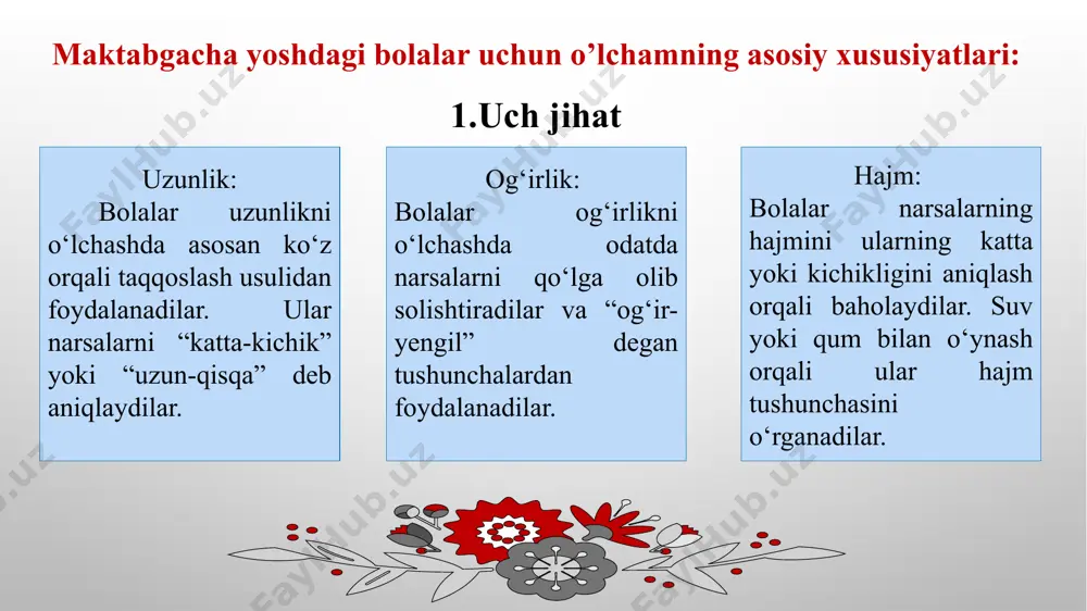 r va boshqa didaktik materiallardan foydalanadilar. ushbu materiallar o‘lchov birliklarini bolalarga tushunarli va o‘rganishga qulay tarzda taqdim etishga imkon beradi. shartli o‘lchov birliklarini o‘rgatishda quyidagi usullar samarali bo‘lishi mumkin: o‘yin va faoliyatlar: o‘yin orqali bolalarga kattalik va o‘lchov birliklarini amalda ko‘rsatish. masalan, bolalarga "kichik" va "katta" so‘zlarini o‘rgatish, ular orasidagi farqlarni ko‘rsatish. vizual materiallar: bolalar uchun rangli va aniq ko‘rsatilgan kattalikni ifodalovchi diagrammalar yoki kartochkalar ishlatish. ijtimoiy interaktsiyalar: bolalar birgalikda o‘ynaganda yoki faoliyatlarda ishtirok etganda, kattalik va o‘lchov birliklarini o‘zaro muhokama qilish. bu usullar bolalar uchun kattalikni anglashni osonlashtiradi va ularning hissiy tasavvurlarini rivojlantiradi maktabgacha ta'lim tashkilotlarida bolalarga obyektlarning hajmi, uzunligi, og‘irligini tushuntirish va o‘rgatish uchun turli metodikalar qo‘llaniladi. ushbu metodikalar bolalarga kattalik, o‘lchamlar va og‘irlikni tushunishga yordam beradi. quyida ushbu tushunchalarni shakllantirish uchun qo‘llaniladigan ba'zi metodikalar keltirilgan: 1. hissiy tajriba metodikasi o‘yin orqali o‘rgatish: bolalar o‘yinga jalb qilinadi, masalan, kichik va katta obyektlarni ajratish, og‘irlikni sezish yoki uzunlikni solishtirish …