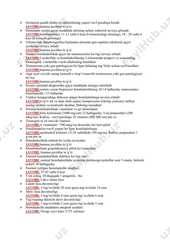 avobi: 1-tashrifida va homiladorlikning 3-trimestrida terapevt va stomatolog, shuningdek 1-tashrifda vrach-oftalmolog maslahati · xromosoma yoki gen patologiyasi boʻlgan bolaning tugʻilishi uchun xavf omillari quyidagilardir: javobi: hamma javoblar toʻgʻri · agar ayol va/yoki uning turmush oʻrtogʻi/xamrohi xromosoma yoki gen patologiyasi boʻlgan bolani tugʻilishi uchun xavf omillariga ega boʻlsa: javobi: hamma javoblar toʻgʻri · homilaning yuqori xavfli xromosoma/genetik patologiyasi aniqlanganda invaziv prenatal diagnostika qaysi muddatda amalga oshiriladi: javobi: xorion vorsin biopsiyasi homiladorlikning 10-14 haftasida, amniosentez homiladorlik >15 haftasida amalga oshiriladi · normal homiladorlikda oyoq venalarining varikoz kengayishiga shikoyat qilgan homiladorlarga tavsiya etiladi: javobi: toʻgʻri ish va dam olish rejimi, kompression trikotaj, jismoniy tarbiya mashgʻulotlari va kontrastli dushlar, flebolog maslahati · normal homiladorlikda ayollarga vitaminlar va oziq-ovqat qoʻshimchalarini tayinlash tavsiya etiladi: javobi: foliy kislotasini (1000 mg/sut) 12 haftagacha, yod preparatlari (200 mkg/sut), kaltsiy preparatlari - preeklampsiya boʻyicha xavf guruhidagi homiladorlarga (1 g/sut), d vitamini (400 me/sut) per os · homiladorlarga teratogen taʼsir etuvchi …