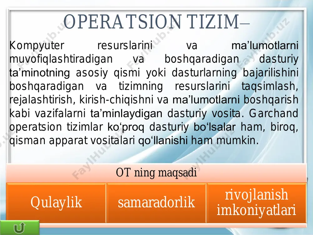 n tizimi. • o‘zagi unix operatsion tizimi asosida ishlangan, tarmoq operatsion tizimi. linux ilk bor 1991yili liniustorvalds tomonidan chiqarilgan. linuxning muhim xususiyatlaridan biri – u bepul dasturiy ta’minot fondi doirasida, gnu oshkora litsenziyasiga ko‘ra bepul tarqatiladi. asosan, internetda va intratarmoqlarda serverlar yaratish uchun qo‘llanadi. linux mac os operatsion tizimi • mac os (makintosh operatsion tizimi) - grafik interfeysga ega operatsion tizimlar oilasi. • apple tomonidan macintosh kompyuterlar liniyasi uchun ishlab chiqilgan. • mac os-ning grafik interfeys versiyasini chiqarilishi uning ommalashishiga sabab bo`ldi. u 1984 yilda original macintosh 128k bilan birga taqdim etilgan. mac os ot ish stoli solaris operatsion (amaliy) tizimi. • sun microsystems korporatsiyasi tomonidan taklif qilingan unix operatsion tizimining rusumi. solaris simmetrik multiprotsessorli ishlov bajaradi, tasvirlar bilan ishlash vositalariga ega, ma’lumotlar xavfsizligini ta’minlaydi. tizim internet tarmog‘i, elektron pochta, shu jumladan, nutqiy pochta, faksimil aloqa bilan o‘zaro ishlay oladi. yuqori unum va masshtablanuvchilik xususiyatlariga ega.