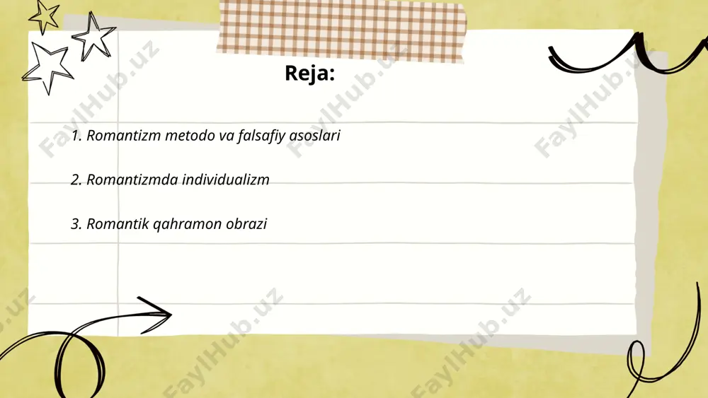 yetakchi bo‘lganlar. ular ko‘pincha hissiyotli, mustaqil va idealistik xarakterga ega bo‘lishadi. bayronik qahramonlar ichki ziddiyatlar, sevgi va iztirobga to‘la hayot tarzi bilan ajralib turadi. shu bilan birga, bunday qahramonlar gohida jamiyat qoidalarini rad etishlari va individual o‘zlikni izlashlari bilan mashhur. romantik qahramonlar ko‘pincha adabiyotning oltin davrida yaratilib, jamiyatning o‘zgarishi va inson qalbining chuqur tadqiqini o‘z ichiga olgan. ... t.me/slaydai_bot tabiat va romantik metodlar adabiyotda va san’atda muhim o‘rin tutadi. romantizm xviii asr oxiri va xix asr boshida yevropada paydo bo‘lib, individualizm, emotion va tabiiy go‘zallikni ta’kidlaydi. ushbu uslubda asarlar ko‘pincha inson va tabiat o‘rtasidagi aloqalarni o‘rganadi. romantik adabiyotda tabiat obrazlari, tabiiy manzaralar va turli hiyla-nayranglar orqali hissiy kayfiyat yaratishga urg‘u beriladi. goethe, byron, va shelley kabi yozuvchilar ushbu yo‘nalishda taniqli asarlar yaratgan. tabiat romantik metodda shaxsiy tajribalar va tuyg‘ularni ifadolash uchun bir vosita sifatida xizmat qiladi. bu metod, shuningdek, ichki kechinmalar va ichki ziddiyatlarni ko‘rsatishda ham muhim rol o‘ynaydi. ... …