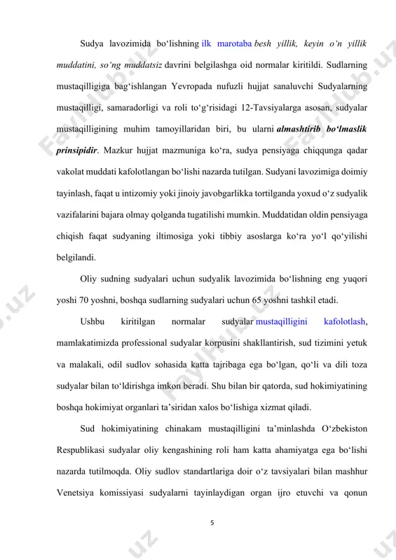 ng yagona organi – o‘zbekiston respublikasi oliy sudini tashkil qilish mustahkamlandi. mazkur norma ikki sud o‘rtasidagi huquqiy ishlarning taalluqliligi borasidagi tortishuv va ziddiyatlarga chek qo‘yadi. tegishli qonun hujjatlarini amaliyotda qo‘llash yuzasidan yagona sud amaliyotini ta’minlanishiga zamin yaratib, inson huquq va erkinliklarini ishonchli himoya qilish kafolotlarini kuchaytiradi. kiritilgan o‘zgartirish va qo‘shimchalarning navbatdagisi ommaviy-huquqiy munosabatlardan kelib chiqadigan ma’muriy nizolarni, shuningdek, ma’muriy huquqbuzarliklarni ko‘rib chiqishga vakolatli bo‘lgan qoraqalpog‘iston respublikasi, viloyatlar va toshkent shahar ma’muriy sudlari, tuman (shahar) ma’muriy sudlari tashkil etilishiga doir bo‘lgan normadir. o‘zbekiston respublikasining konstitutsiyasi 110-moddada ma’muriy sud ishlarini yuritishga doir bo‘lgan masalani o‘z mazmunida mustahkamlagan edi. biroq ularning tuzilishi bilan bog‘liq bo‘lgan munosabat biroz oqsayotgan edi. ma’muriy sudlarni tuzish masalasini jadallashtirishgan yana bir omil – jinoyat qonuni normalarini liberallashtirish siyosati bo‘lib hisoblanadi. qonunchilikda o‘z ifodasini topgan o‘zgartirish va qo‘shimchalardan yana biri bu – tumanlararo iqtisodiy sudlarning tashkil etilishidir. fuqarolar o‘rtasidagi iqtisodiy, fuqaroviy, ma’muriy va boshqa huquqiy nizolar xo‘jalik sudlari tomonidan …