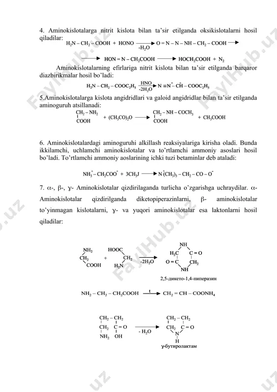 izokapron kislota (leysin). (+)-leysin ko’pchilik oqsillar, ayniqsa gemoglabin tarkibiga kiradi. diaminokapron kislota (lizin), (+)–lizin ayrim baliqlarning ikrasidagi oqsil tarkibiga kiradi. almashtirib bo’lmaydigan aminokislotalar qatoriga mansub. sistin sistin qoldig’i soch, jun, tirnoq, oqsili tarkibiga kiradi. oqsillar oqsillar yoki proteinlar – murakkab, yuqori molekulali organik birikmalar bo’lib, o’zaro amid bog’ bilan bog’langan aminokislotalar qoldiqlaridan tuzilgan. bir xil oqsil tarkibiga turli xil aminokislotalar kirishi mumkin. oqsil to’liq gidrolizgna uchraganda aminokislotalar hosil bo’ladi. inson, hayvon va o’simliklar tanasida oqsillar turli xil vazifalarni bajaradi. ular tomir, pay, teri, suyak va boshqalar asosini tashkil qiladi, modda alamshinish va to’qimalar ko’payishida muhim vazifani bajaradi. garmonlar, enzimlar, pigmentlar, antibiotiklar, toksinlar oqsil birikmalar bo’lib hisoblanadilar. oqsillar katta molekulyar massaga ega. masalan, inson qoni zardobi albuminining molekulyar massasi 61500, qon zardobidagi -globulinining molekulyar massasi 153000, gemotsianiniki esa 6600000 ga teng. ko’pchilik oqsillar qattiq holda batiy vakilni (jun, ipak) saqlaydilar yoki kukun shaklida mavjud bo’ladilar. ayrim oqsillarni kristall shaklda olish mumkin. …