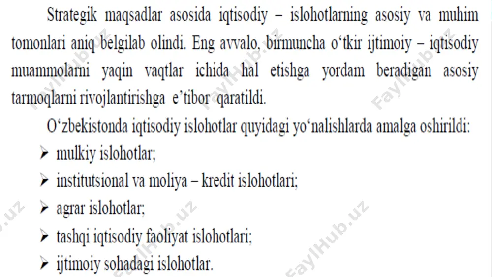 ish maqsadida o‘zbekiston respublikasi vazirlar mahkamasining 1995-yildagi “chorvachilikda xususiylashtirishni davom ettirish va xususiy tadbirkorlikni qo‘llab-quvvatlash chora-tadbirlari to‘g‘risida” qarori qabul qilindi. natijada respublikada ishlab chiqarilayotgan go‘sht va sutning 75% ini xususiy sektor bera boshladi. sanoat, avtomobilsozlik sohasini rivojlanishi. mustaqillik yillarida mashinasozlik sanoati jadal rivojlandi. respublikamizdagi mavjud bo‘lgan bir necha o‘nlab mashinasozlik korxonalarini tarkibiy jihatdan qayta qurish maqsadida 1993 yilda o‘zbekiston davlat mashinasozlik korxonalari uyushmasi — «o‘zmashsanoat», 1996 yilda «o‘zqishloqxo‘jalikmash – xolding», 1998 yilda «o‘zneftgazmash» korporatsiyasi, «o‘zbekto‘qimachimash» birlashmasi tashkil etildi. avtomobilsozlik sanoati. 1992-yil 24-avgustda toshkentda janubiy koreyaning «daewoomotors» korporatsiyasi va o‘zbekistonning «avtoqishxo‘jmash» davlat konserni o‘rtasida andijon viloyatining asaka shahrida yiliga 180 ming avtomobil ishlab chiqaradigan «o‘zdaewooavto» qo‘shma korxonasini qurish to‘g‘risida shartnoma imzolandi. o‘zbekiston respublikasi vazirlar mahkamasi 1992-yil 5-noyabrda asaka shahrida «o‘zdaewooavto» korxonasi tashkil qilish to‘g‘risida qaror qabul qildi. uni ta’sischilari etib «daewoomotors» korparatsiyasi va «o‘zavtosanoat» uyushmasi, har ikki tarafning qo‘shma korxonadagi ulushi teng miqdorda 50% dan iborat qilib belgilandi. 1993-yil mart oyida …