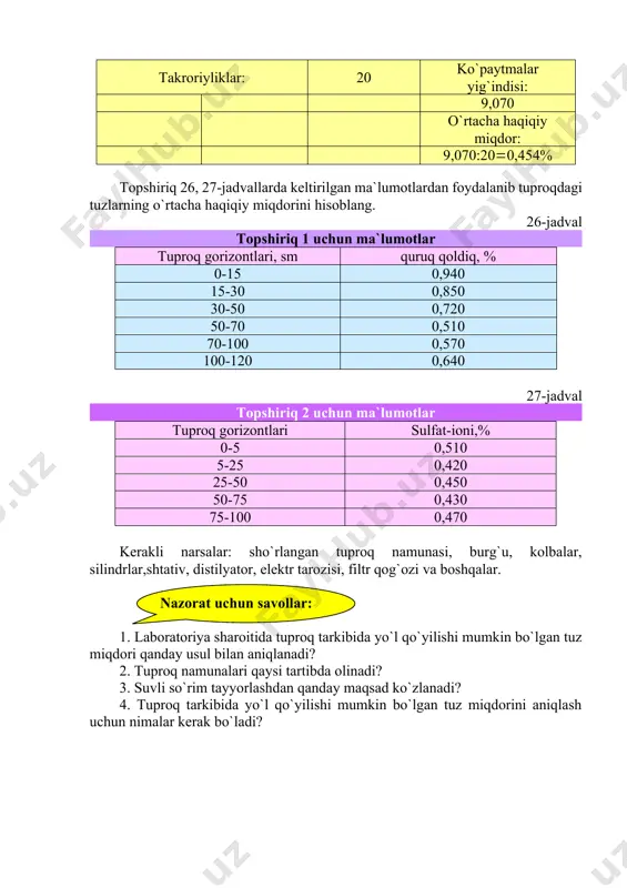na olingan chuqurliklar, sm gorizont qalinligi, sm gorizont qalinligi takrorlanishi tuz miqdori (%) va qatlam qalinligining ko`paytmasi 0-5 5 1 0,660x10,660 5-15 10 2 0,545x21,090 15-30 15 3 0,456x31,368 30-65 35 7 0,352x72,464 65-90 25 5 0,540x52,700 90-100 10 2 0,394x20,788 takroriyliklar: 20 ko`paytmalar yig`indisi: 9,070 o`rtacha haqiqiy miqdor: 9,070:200,454% topshiriq 26, 27-jadvallarda keltirilgan ma`lumotlardan foydalanib tuproqdagi tuzlarning o`rtacha haqiqiy miqdorini hisoblang. 26-jadval topshiriq 1 uchun ma`lumotlar tuproq gorizontlari, sm quruq qoldiq, % 0-15 0,940 15-30 0,850 30-50 0,720 50-70 0,510 70-100 0,570 100-120 0,640 27-jadval topshiriq 2 uchun ma`lumotlar tuproq gorizontlari sulfat-ioni,% 0-5 0,510 5-25 0,420 25-50 0,450 50-75 0,430 75-100 0,470 kerakli narsalar: sho`rlangan tuproq namunasi, burg`u, kolbalar, silindrlar,shtativ, distilyator, elektr tarozisi, filtr qog`ozi va boshqalar. nazorat uchun savollar: 1. laboratoriya sharoitida tuproq tarkibida yo`l qo`yilishi mumkin bo`lgan tuz miqdori qanday usul bilan aniqlanadi? 2. tuproq namunalari qaysi tartibda olinadi? 3. suvli so`rim tayyorlashdan qanday maqsad ko`zlanadi? 4. …