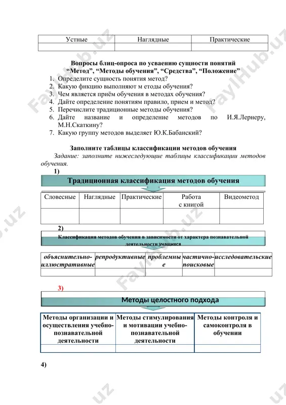 тодlаrni jаdиldа кo’rsаtilgаnidек, mоs ustungа yozib chiqing. устные наглядные практические вопросы блиц-опроса по усваению сущности понятий “метод”, “методы обучения”, “средства”, “положение” 1. определите сущность понятия метод? 2. какую фнкцию выполняют м етоды обучения? 3. чем является приём обучения в методах обучения? 4. дайте определение понятиям правило, прием и метод? 5. перечислите традиционные методы обучения? 6. дайте название и определение методов по и.я.лернеру, м.н.скаткину? 7. какую группу методов выделяет ю.к.бабанский? заполните таблицы классификации методов обучения задание: заполните нижеследующие таблицы классификации методов обучения. 1) традиционная классификация методов обучения словесные наглядные практические работа с книгой видеометод 2) классификация методов обучения в зависимости от характера познавательной деятельности учащихся объяснительно-иллюстративные репродуктивные проблемные частично-поисковые исследовательские 3) методы целостного подхода методы организации и осуществления учебно-познавательной деятельности методы стимулирования и мотивации учебно-познавательной деятельности методы контроля и самоконтроля в обучении 4) интерактивные методы методы актуализации (восстановлению) знаний методы осмысления новой информации методы размышления, суммирования и систематизации новой информации практические …