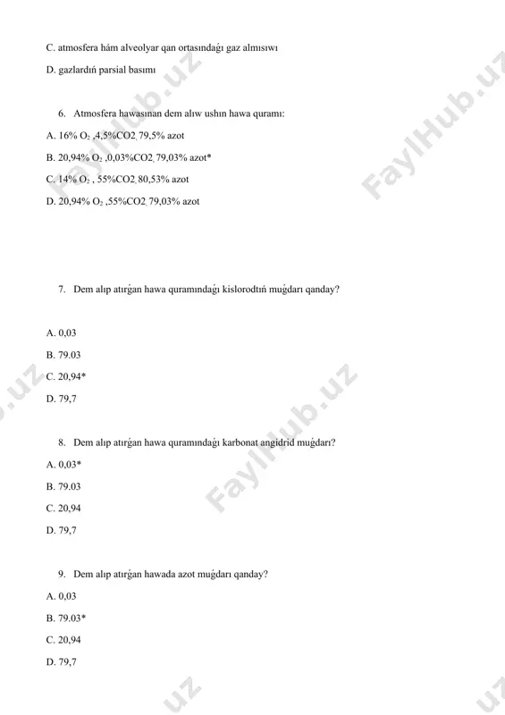o2 nıń basımı qanday (mm.rt.st)? a. 159 b. 46 c. 60 d. 40* 18. alveolyar hawada co2 niń basımı qanday (mm.rt.st)? a. 46 b. 159 c. 40* d. 100 19. toqımalarda co2 basımı qanday (mm.sın.st)? a. 159 b. 45 c. 40-45 d. 46 * 20. atmosfera hawası hám alveolalar ortasında gaz almasıwı ne sebepli payda boladı? a. kókrek bulshıq etleriniń tasiri sebepli b. diffuziya arqalı c. basım parqı sebepli* d. qan aylanıw sebepli 21. alveolyar hawanıń turaqlıǵınbasqaradi? a. qanda fe quramı b. qanda o2 muǵdarı c. qandaǵı co2 quramı* d. qandaǵı n2 quramı 22. alveolyar hawanıń qásiyetin kórsetiń : a. alveolyar hawanıń kólemi hám gaz quramı ádette turaqlı b. alveolyar hawanıń gaz quramı atmosfera quramınan parq qıladı c. alveolyar hawanıń gaz quramınıń turaqlı co2 quramı menen tartipke salınadı d. barlıq juwaplar tuwrı * 23. dem aliw kólemi neshege teń? a. 1500 sm3 b. 1000 sm3 c. 500 mm3 d. 500 …