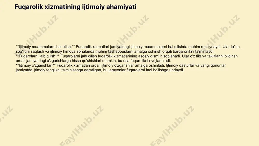 sifatli xizmat ko'rsatish imkoniyatlari yaratiladi. ushbu yondashuvlar fuqarolik xizmatining samaradorligini oshirish va jamoatchilik bilan aloqalarni yaxshilashda muhim ahamiyatga ega. strategiyalar fuqarolik xizmatini modernizatsiya qilish uchun strategiyalar, xizmat ko'rsatish sifatini oshirish va fuqarolar uchun qulay sharoitlar yaratishga qaratilgan. harakatlar rejalari esa, yangi texnologiyalarni joriy etish, xodimlarni malakasini oshirish va xizmatlarni raqamlashtirish kabi bosqichlarni o'z ichiga oladi. bu kelajakda fuqarolik xizmatini yanada samarali va qobiliyatli qilishga yordam beradi. prognozlar tahlil va prognozlar fuqarolik xizmatining kelajakdagi o'zgarishlarini oldindan ko'rishga imkon beradi. xizmatlar samaradorligini baholash va fuqarolar ehtiyojlarini aniqlash orqali strategik qarorlar qabul qilinadi. natijada, fuqarolik xizmati yanada innovatsion va fuqarolar uchun qulay bo'lishi kutilmoqda. xulosa va tavsiyalar fuqarolik xizmatidagi innovatsiyalarning umumiy xulosalari shuni ko'rsatadiki, zamonaviy texnologiyalar va yangi yondashuvlar fuqarolik xizmatining samaradorligini oshirishga yordam beradi. fuqarolarning manfaatlari va ehtiyojlarini birinchi o'ringa qo'yish, innovatsion texnologiyalarni joriy etish, ta'lim va malaka oshirish dasturlarini amalga oshirish, shuningdek, ochiq va shaffof boshqaruv yo'lida muhim tavsiyalar mavjud. bu …