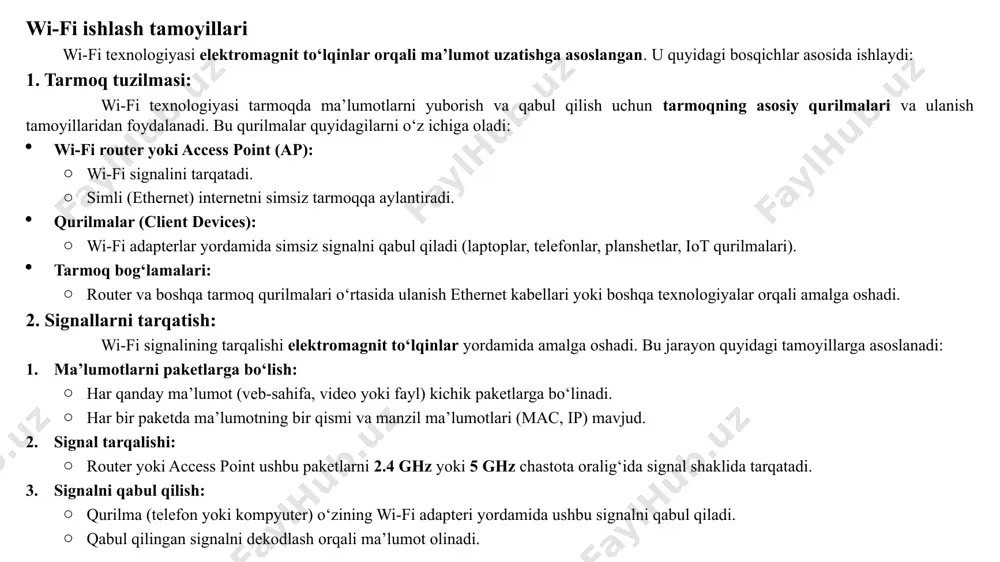 isqa masofada kuchli ishlaydi va to‘qnashuvlar kam. kanalning kengligi: wi-fi tarmoqlari kengligi 20 mhz, 40 mhz, 80 mhz yoki 160 mhz bo‘lishi mumkin. kanalning kengligi oshishi tezlikni oshiradi, lekin tarmoqda boshqa qurilmalarga xalaqit berishi mumkin. 6. wi-fi xavfsizligi: wi-fi signalini himoya qilish uchun zamonaviy xavfsizlik protokollari qo‘llaniladi: shifrlash algoritmlari: wep (eski, kam xavfsiz). wpa/wpa2 (aes shifrlash bilan xavfsiz). wpa3 (oxirgi va kuchli xavfsizlik). mac-filtrlash: faqat ruxsat etilgan qurilmalarni tarmoqqa ulash. ssid yashirish: tarmoq nomini yashirish orqali ruxsatsiz ulanishni qiyinlashtirish. 7. qo‘shimcha ishlash tamoyillari: qo‘shma tarmoqlar (mesh networks): bir nechta access point-lar birgalikda bitta wi-fi tarmog‘ini yaratadi. qo‘llab-quvvatlash texnologiyalari: mimo (multiple input multiple output): bir nechta antenna yordamida yuqori tezlikka erishiladi. beamforming: signalni aniq qurilmaga yo‘naltirish orqali samaradorlik oshiriladi. 8. qo‘llaniladigan amaliy texnologiyalar: iot (internet of things): wi-fi orqali aqlli uy qurilmalari ulanishi. hotspot rejimi: jamoat joylarida wi-fi orqali internet taqdim etish. qo‘shni tarmoqlarni boshqarish: wi-fi signalining o‘zaro to‘qnashuvlarini kamaytirish uchun …
