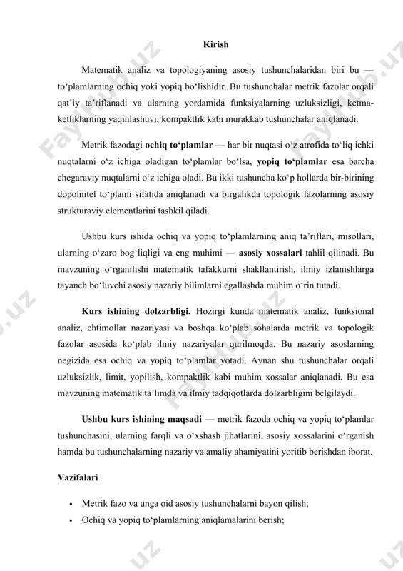 iusli oraliq mavjudki, u ham (a,b) dan chiqmaydi. yopiq to‘plam yopiq to‘plam esa o‘zining barcha chegaraviy nuqtalarini o‘z ichiga oladi. ya’ni, agar biror ketma-ketlik to‘plam ichida bo‘lib, u biror nuqtaga yaqinlashsa, bu limit nuqta ham to‘plamga tegishli bo‘ladi. yopiq to‘plamlar ustida limit, yopilish, kompaktlik kabi tushunchalarni ishlatish qulay bo‘ladi. masalan, [a,b] yopiq oraliq, unga tegishli barcha ichki va chegara nuqtalarni o‘z ichiga oladi. ularning farqi va bog‘liqligi ochiq va yopiq to‘plamlar bir-birining qarama-qarshi emas, balki topologik to‘ldiruvchilaridir. biror to‘plam ochiq bo‘lsa, uning dopolnitel (qarama-qarshi) to‘plami yopiq bo‘ladi va aksincha. ba’zi to‘plamlar ochiq ham, yopiq ham bo‘lmasligi mumkin (masalan: yarim ochiq oraliqlar), ba’zilar esa ikkalasi birgalikda bo‘lishi ham mumkin (butun fazo yoki bo‘sh to‘plam). shu boisdan ochiq va yopiq to‘plamlar matematikada to‘plamlarning fazodagi xatti-harakatini tushunishda asosiy vosita hisoblanadi. ochiq va yopiq to‘plamlarning metrik fazodagi roli metrik fazo (x,d) deb ataluvchi tuzilma nuqtalar oralig‘ida masofa d(x,y) aniqlangan fazodir. bu fazodagi to‘plamlar ochiqligi …