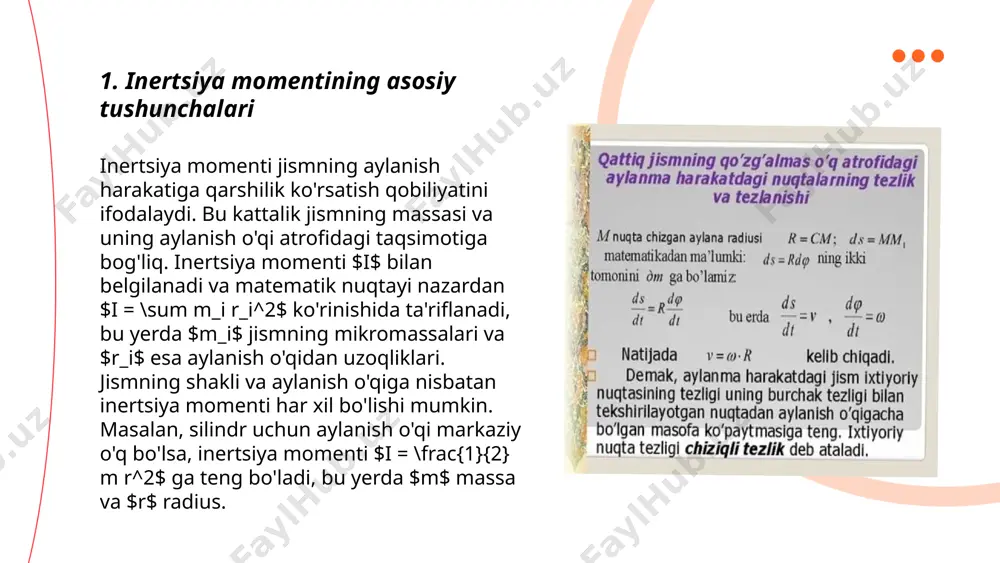 va 1970-yillar boshida sun'iy intellekt va tizimlar nazariyasi rivojida muhim ahamiyat kasb etdi. ... t.me/slaydai_bot qattiq jismning geometriyasi va inertsiya jismning hajmi, shakli va massaning taqsimlanishi bilan bog‘liq. geometriya jismning o‘lchamlari va shaklini aniqlaydi, inertsiya esa jismning harakatga qarshi turishini bildiradi. inertsiya momenti, \( i \), qattiq jismning aylanish harakatida muhim rol o‘ynaydi va \( i = \sum m_i r_i^2 \) formulasiga ko‘ra hisoblanadi, bu yerda \( m_i \) – massaning ixtiyoriy elementi, \( r_i \) esa aylanish o‘qiga bo‘lgan masofadir. qattiq jismning geometrik markazi va massa markazi ham harakat va inertsiya xususiyatlariga ta'sir qiladi. inertsiya radiusi, \( \sqrt{\frac{i}{m}} \), jismning massaviy taqsimotini yaxlitlashga imkon beradi. ... t.me/slaydai_bot 7. inertsiya momentining o'zgarishi inertsiya momenti, ba'zida massaning taqsimlanishi sababli jismlarning aylanish harakatiga qarshilik darajasi sifatida tushuniladi. inertsiya momenti jismning massasiga va uning aylanish o'qidan qanday taqsimlanganiga bog'liq. matematik tarzda, inertsiya momenti $i = \sum m_i r_i^2$ bilan ifodalanadi, bunda $m_i$ - …