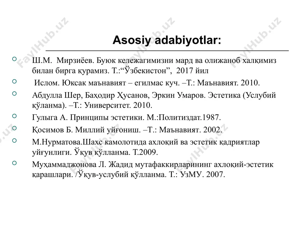 ta`minlaydi. san`atning yashash sharti kimgadir mo`ljallanganligi san`atning xususiyatlari, tamoyillari va vazifalari xususiyatlari originallik majoziylik demokratik ijtimoiylik individuallashtirish tarixiylik milliylik va umumbashariylik tamoyillari ijodiylik haqqoniylik xalqchillik vazifalari insoniylashtirish forig`lantirish insonni bilimli, ma`rifatli qilish tarbiyaviylik ijtimoiy aloqa-kommunikativlik huzurbaxshlik san`at turlari klassifikasiyasi makon san`ati vaqt san`ati. vaqt-makon san`ati. estetik tarbiya estetik tarbiya tafakkurni go`zallashtirishga xizmat qiladi. estetik tarbiya: 1.o`z-ozidan paydo bo`ladigan “mikroorganizm” yoki birdan to`xtab qoladigan “mexanizm” ham emas. u sekin –asta inson tomonidan orttirilgan hayotiy tajribalar, konikmalar, bilimlar orqali shakllanib boradi. 2. nafosatli tarbiya ijtimoiy taraqqiyotning muayyan jabhalarida aniq maqsadlarga yo`naltirilgan faoliyat sifatida ish olib boradi. estetik tarbiyaning maqsadi insonning hatti-harakati orqali ijtimoiy jarayonlarga u yoki bu darajada ko`rsatadigan ta`siri hamda bu ta`siri go`zallik, ulug`vorlik, nafosat asosida yo`naltirishdan iborat estetik tarbiyani shakllantirish jarayonlarida estetik ravnaq masalasi g`oyatda dolzarbligi bilan ajralib turadi. estetik tarbiyaning vazifasi -u insonlarni yangiliklar yaratishga undabgina qolmay, ayni paytda ularni nafosat tamoyillari, go`zallik talablari asosida rivojlantirishga o`rgatadi; jamiyat a`zolarining …