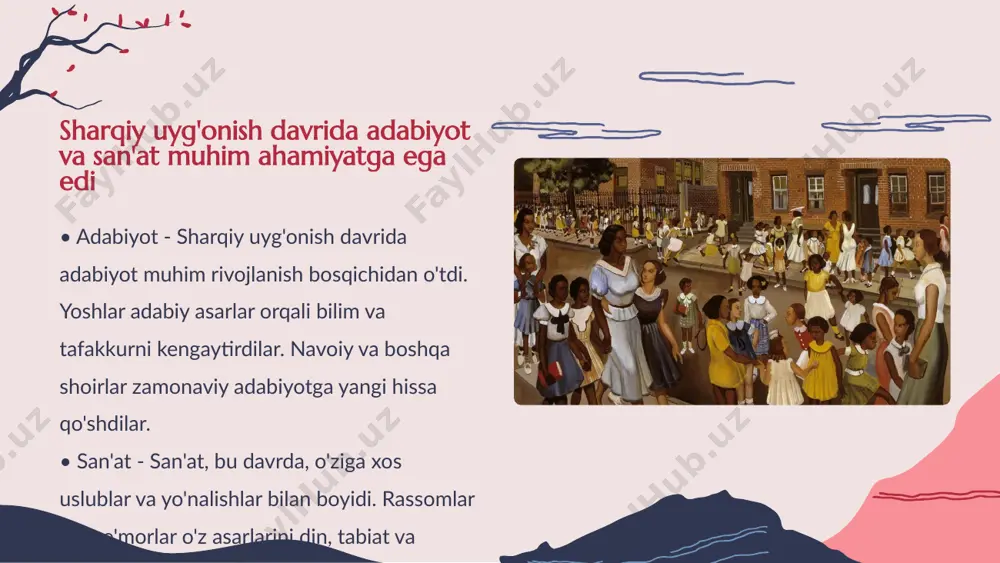 otlar va innovatsiyalar jamiyatni rivojlantirdi • ix- xi asrlar sharq uyĝonish davri - ix-xi asrlar sharq uyĝonish davri ilm-fan, madaniyat va san'at sohalarida yuksalish davri bo'ldi. bu davrda islomiyatning ta'siri kuchayib, sharq mamlakatlarida ilmiy va falsafiy asarlar yaratilgan. al-khwarizmi, avicenna va al-farobi kabi buyuk mutafakkirlar ilm-fan rivojida muhim rol o'ynadilar. shuningdek, tibbiyot, matematika va astronomiya sohalarida yangi o'zgarishlar yuz berdi. me'morlik va san'atda sevimli uslublar paydo bo'lib, jangovar va diniy binolar qurildi. uzoq mintaqalar o'rtasida madaniy aloqalar kuchayganligi sababli, o'sha davrda imitatsiya va yangiliklar mavjud bo'ldi. shu tariqa, ix-xi asrlar sharq madaniyatining asosi va ilg'or rivojlanishning poydevori bo'lib xizmat qildi. xulosa • - 1. alimov, o.. (2018). *sharq uyg'onish davri: tarix va fanning jadal rivoji*. o'zbekiston milliy ensiklopediyasi nashriyoti. 2. azizov, s.. (2020). *ix-xi asrlarda musulmon jamiyatining madaniy gulgunligi*. toshkent davlat sharqshunoslik universiteti. 3. bekchanov, r.. (2021). *sharq uyg'onish davrida falsafa va fanlar*. toshkent universiteti nashriyoti. 4. karimova, m.. (2019). …