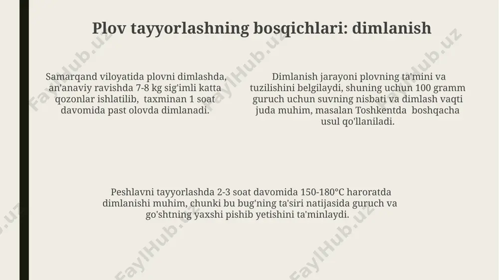 ak hisoblanadi. plovni bezashda 3-4 dona o‘rik va 50 gramm bodomni maydalab, ustiga sepish, samarqandda an’anaviy usul hisoblanadi. plovning turli xil turlari тошкент паловининг ўзига хос хусусияти – бу катта бўлак гўшт ва узун донли гуручнинг қўлланилишидир, унда 5-6 соатгача пиширилади. андижон палови ўзининг нозик таъми ва майда тугралган сабзи билан, холослиги билан бошқа ҳудудлардаги паловлардан алоҳида фарқ қилади, унинг тайёрланиш жараёнида 3-4 хил зираворлар ишлатилади. фарғона водийсида тайёрланадиган паловнинг 20 дан ортиқ хусусий тури мавжуд бўлиб, уларнинг ҳар бири ўзига хос зираворлар ва гўшт тури билан ажралиб туради. o'zbek plovining xususiyatlari andijon viloyatida tayyorlanadigan palovning o'ziga xos xususiyati – uning tarkibiga qo'shiladigan maxsus navdagi 3 xil qalampir va 7 xil ziravorlardir. o'zbek palovining tayyorlanishida 2-3 kg qo'y go'shti, 1 kg sabzi, 1 kg piyoz va 2 kg uzun donli guruch, shuningdek, ziravorlar samarqanddan olib kelinadi. toshkentdagi an'anaviy palov retseptida 1 kg dan ortiq qaynatilgan go'sht va 1,5 kg dan …
