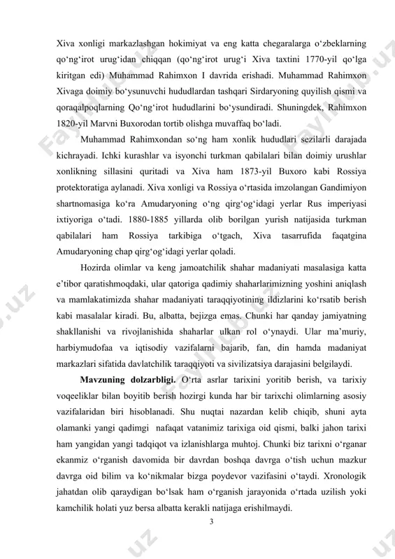 aharlarimizning yoshini aniqlash va mamlakatimizda shahar madaniyati taraqqiyotining ildizlarini ko‘rsatib berish kabi masalalar kiradi. bu, albatta, bejizga emas. chunki har qanday jamiyatning shakllanishi va rivojlanishida shaharlar ulkan rol o‘ynaydi. ular ma’muriy, harbiymudofaa va iqtisodiy vazifalarni bajarib, fan, din hamda madaniyat markazlari sifatida davlatchilik taraqqiyoti va sivilizatsiya darajasini belgilaydi. mavzuning dolzarbligi. o‘rta asrlar tarixini yoritib berish, va tarixiy voqeeliklar bilan boyitib berish hozirgi kunda har bir tarixchi olimlarning asosiy vazifalaridan biri hisoblanadi. shu nuqtai nazardan kelib chiqib, shuni ayta olamanki yangi qadimgi nafaqat vatanimiz tarixiga oid qismi, balki jahon tarixi ham yangidan yangi tadqiqot va izlanishlarga muhtoj. chunki biz tarixni o‘rganar ekanmiz o‘rganish davomida bir davrdan boshqa davrga o‘tish uchun mazkur davrga oid bilim va ko‘nikmalar bizga poydevor vazifasini o‘taydi. xronologik jahatdan olib qaraydigan bo‘lsak ham o‘rganish jarayonida o‘rtada uzilish yoki kamchilik holati yuz bersa albatta kerakli natijaga erishilmaydi. kurs ishi tadqiqotining maqsadi. mazkur kurs ishining asosiy maqsadi milodiy xvi-xix asrlarda …