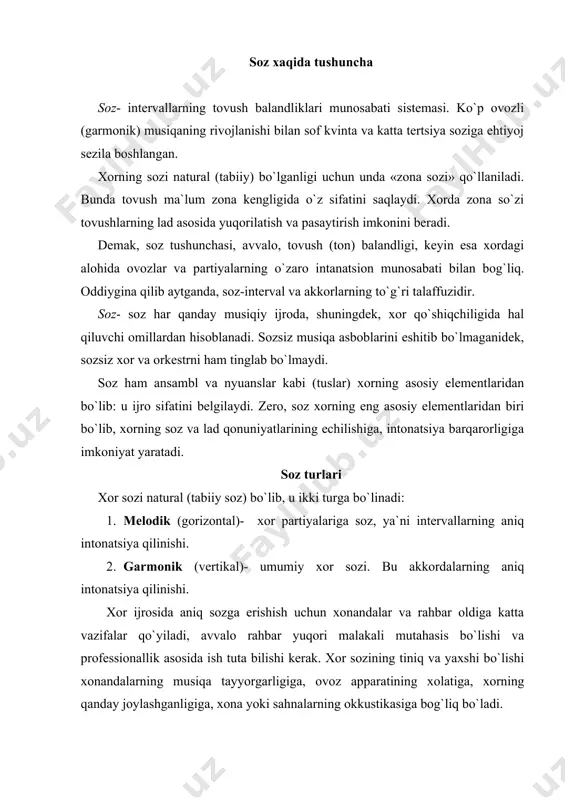ganligini kuzatib borishi, ladni sezishi zarur. vokal, sol’fedjio mashg`ulotlari orqali xor a`zolarining vokal va garmonik qobiliyatlari rivojlanadi. ko`p ovozli xor asarlarini aytish (a kapella) orqali xonandalarning garmonik eshitish qobiliyatini o`stiriladi. xorning yaxshi sozga ega bo`lishiga major va minor gammalarini to`g`ri talaffuz qilish qoidalarini o`zlashtirishga bog`liq. xorning sozi intonatsiyaga bog`liq. intonatsiya va soz bir-biriga uzviy bog`liq. xorda tozza intonatsiyasiz soz bo`lmaydi. intonatsiya- (lotincha «intona»- qattiq talafuz qilaman)-tovush balandligini ovozda qattiq talaffuz qilish. tovushni og`iz bilan aniq talaffuz qilish uchun nafasni aniq olish, eshitish qobiliyatini to`g`ri uyg`unlash (koordinata qilish) muhim rol o`ynaydi. garmonik uch tovushlikni o`stirish uchun turli xil akkordlar, uchtovushliklar keng va tor joylashgan xolda olinadi. diezlik tovushlar yuqorilatib, bemollik tovushlar esa bir muncha pasaytirib talaffuz qilinadi va keyingi notaga o`tiladi. ma`lumki, xor soziga asarning dinamikasi ta`sir qiladi, chunki xonandalar qattiq ovoz bilan kuylaganlarida ma`lum darajada ularni eshitish qobiliyati pasayadi, natijada sohtalik paydo bo`ladi. major intonatsiyasi minorga qaraganda engilroq ijro etiladi. …