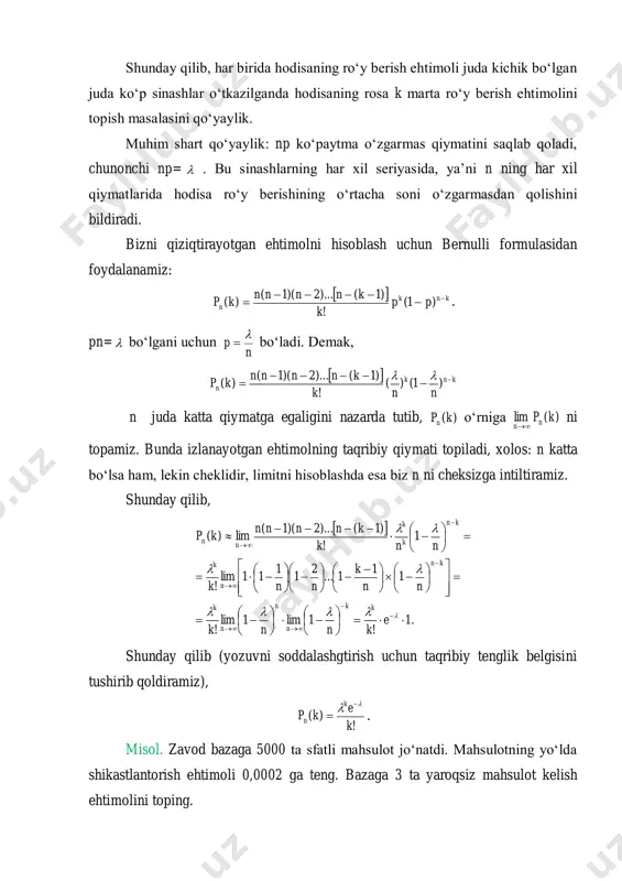 . x tasodifiy miqdor - olingan oq sharlar soni bo‘lsa, uning taqsimot qonunini tuzing. 2. 10 ta detal solingan yashikda 8 ta yaroqli detal bor. tavakkaliga 2 ta detal olingan. olingan detallar orasidagi yaroqli detallar sonining taqsimot qonunini tuzing. 3. x diskret tasodifiy miqdor ushbu taqsimot qonuni bilan b erilgan: x: 2 4 5 6 p: 0,3 0,1 0,2 0,6 x: 10 15 20 p: 0,1 0,7 0,2 taqsimot ko‘pburchagini yasang. 4. x diskret tasodifiy miqdor tangani ikki marta tashlashda «gerbli» tomon tushish sonining binomial taqsimot qonunini yozing. 5. ikkita o‘yin soqqasi birgalikda ikki marta tashlandi: ikkala o‘yin soqqasida juft ochkolar tushishi sonidan iborat x diskret tasodifiy miqdorning binomial taqsimot qonunini toping; taqsimot ko‘pburchagini yasang. 6. ikki mergan bitta nishonga baravariga bittadan o‘q uzadi. bitta o‘q uzishda birinchi mergan uchun nishonga tegish ehtimoli 0,5 ga, ikkinchi mergan uchun 0,4 ga teng. diskret tasodifiy miqdor nishonga tegishlar soni. x diskret tasodifiy …
