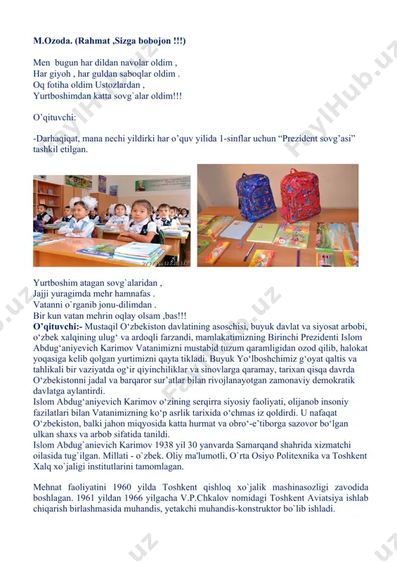 ayinlandi. 1986-1989 yillar mobaynida qashqadaryo viloyati partiya komitetining birinchi kotibi, 1989 yilning iyunidan boshlab o`zbekiston kompartiyasi markaziy komitetining birinchi kotibi lavozimlarida ishladi. 1990 yil 24 mart kuni o`zbekiston ssr oliy kengashining sessiyasida i.karimov o`zbekiston ssr prezidenti etib saylandi. 1991 yil 31 avgust kuni i.karimov tarixiy voqea - o`zbekiston respublikasining davlat mustaqilligini e'lon qildi. 1991 yil 29 dekabrida muqobillik asosida o`tkazilgan umumxalq saylovida i.karimov o`zbekiston respublikasi prezidenti etib saylandi. i.karimov oilali, ikki nafar farzandi, uch nabirasi bor. rafiqasi t.a.karimova - iqtisodchi ilmiy xodim. i.karimov suveren va mustaqil o`zbekistonni barpo etish, xalqparvar demokratik xuquqiy davlat yaratish, fuqarolar tinchligi va milliy totuvlikni ta'minlash ishiga qo`shgan hissasi hamda bu borada matonat va jasorat ko`rsatganligi uchun “o`zbekiston qahramoni” unvoni, “mustaqillik»va amir temur ordenlari bilan taqdirlangan. i.karimov o`zbekiston fanlar akademiyasining haqiqiy a'zosi. ayni paytda u to`qqiz horijiy mamlakat universitet va akademiyalarining faxriy fan doktori hamda akademikligiga saylangan. 2016-yil 2-sentyabr. butun o’zbekiston qayg’uga botdi. chunki shu kuni …