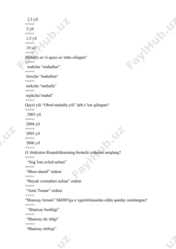 etuvchi hokimiyat ==== ijro etuvchi, sud hokimiyati ++++ 2007-yil toshkent shahriga qaysi tashkilot tomonidan “islom madaniyati poytaxti” nomi berildi? ==== aysesko ==== yunesko ==== bmt ==== qizil yarim oy jamiyati ++++ i.karimovning “o`zbekiston mustaqillikka erishish ostonasida” asari nechanchi nashrdan chiqdi? ==== 2011 yil ==== 2012 yil ==== 2010 yil ==== 2009 yil ++++ konstitutsiyaga muvofiq o`zbekiston respublikasi aholisi oldiga qanday maqsad qo`yilgan ? ==== insonparvar demokratik huquqiy davlat barpo etish ==== xususiy tadbirkorlikka tayanuvchi davlat barpo etish ==== rivojlangan kapitalistik davlat barpo etish ==== bozor iqtisodiyotiga asoslangan davlat barpo etish ++++ 2007 yil qanday nomlangan? ==== ijtimoiy himoya yili ==== oila yili ==== mehr-muruvvat yili ==== yoshlar yili ++++ o`zbekistonda qancha millat vakillari yashaydi? ==== 130 dan ortiq ==== 140 dan ortiq ==== 120 dan ortiq ==== 150 dan ortiq ++++ o`zbek modeli nechta tamoyildan iborat? ==== 5 ta ==== 4 ta ==== 6 ta ==== 3 ta ++++ “davlat …