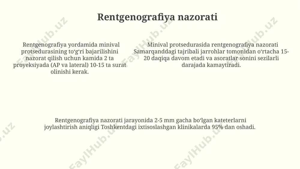 zorat qilinadi, kateter uchining o'ng yurak bo'shlig'ining o'ng qorincha yoki o'pka arteriyasiga kirishi tasdiqlanadi. bu jarayon toshkentdagi yurak markazida keng qo'llaniladi. klinik holatlar toshkentdagi klinikalarda minival protsedurasining muvaffaqiyat darajasi 95% atrofida bo'lib, 200 dan ortiq bemorda qo'llanilgan tajribaga ega. minival protsedurasini o'tkazish uchun bemorning yurak ritmi buzilishi darajasi, masalan, 3-darajali atrioventrikulyar blok kabi, 50 urug'dan kam bo'lishi va samarqanddagi klinikalarda kuzatilishi kerak. farg'onadagi shifoxonalarda minival protseduralaridan keyin 10% bemorlarda yengil qon ketish holatlari kuzatilgan bo'lib, bu holatlar odatda 2-3 kun ichida o'z-o'zidan yo'qoladi. postoperatsion davr va parvarish operatsiyadan keyin birinchi 24 soat ichida suyuqlik iste'mol qilish tavsiya etiladi, keyin asta-sekin odatiy ovqatga o'tish mumkin. jismoniy faoliyatni 2 hafta ichida asta-sekin oshirish kerak, samarqanddagi reabilitatsiya markazlarida individual dasturlar mavjud. jarrohlikdan keyin 10-14 kun ichida tikuvlar olib tashlanadi. infektsiyani oldini olish uchun kuniga 2 marta antiseptik eritmalar bilan tozalash kerak. andijon viloyati shifoxonalarida postoperatsion davrni nazorat qilish uchun maxsus protokollar mavjud. jarrohlikdan …