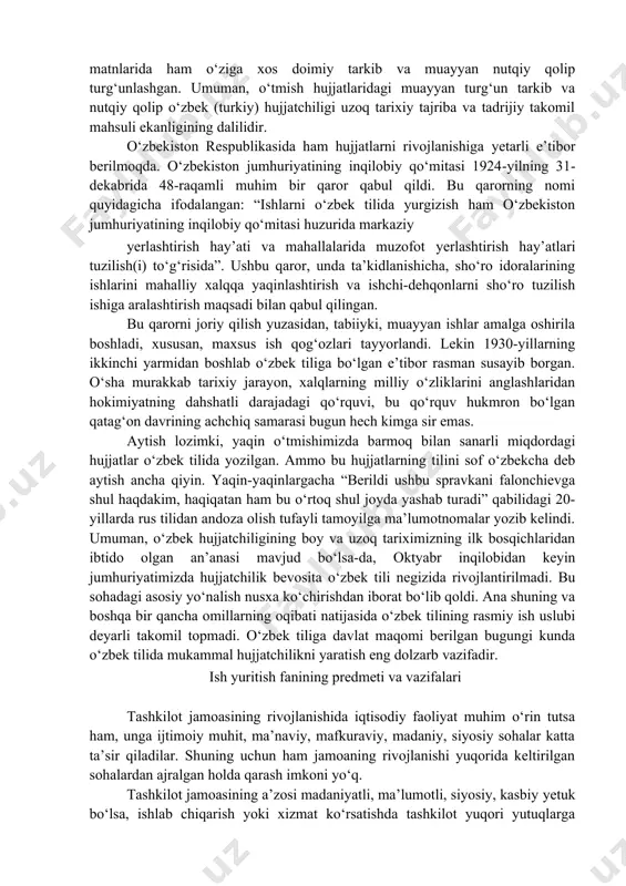 topib borgan. bugungi kunda fanga tariximizning turli davrlarida o‘rxun-enasoy, sug‘d, eski uyg‘ur, arab va boshqa yozuvlarda bitilgan juda ko‘plab hujjatlar, umuman yozma manbalar ma’lum. sharqda x-xix asrlarda yorliq, farmon, noma, bitimlar, arznoma, qarznomalar, tilxat yoki mazmunan shunga yaqin hujjatlar nisbatan keng tarqalgan. yorliqlar mazmunan xilma-xil bo‘lgan: xabar, tavsif, farmoyish, bildirish, tasdiqlash va h.k. bu o‘rinda to‘xtamishxonning 1393-yilda polyak qiroli yagayloga yo‘llagan yorlig‘i, temur qutlug‘ning 1397-yildagi yorlig‘i, boburning otasi umarshayx mirzoning marg‘ilonlik mir sayid ahmad ismli shaxsga 1469-yilda bergan yorlig‘i, toshkent hokimi yunusxo‘janing 1797 yil 2-iyunda peterburgga-rossiya podshosiga o‘z elchilari orqali yuborgan yorlig‘i3 va boshqalarni eslab o‘tish mumkin. mazkur davr yorliqlarida o‘ziga xos lisoniy qolip shakllangan, yorliqlar matn jihatidan an’anaviy tarkibiy qismlarga ega bo‘lgan. masalan, eslab o‘tilgan yorliqlarning birinchisi - “to‘xtamish so‘zim yagaylaga” deb, ikkinchisi - “temur qutlug‘ so‘zum” deb, uchinchisi esa - “sultan umarshayx baxodur so‘zim” deb boshlangan. bayonda ham muayyan qolip bor, shuningdek, albatta, yorliq raqam qilingan sana va …