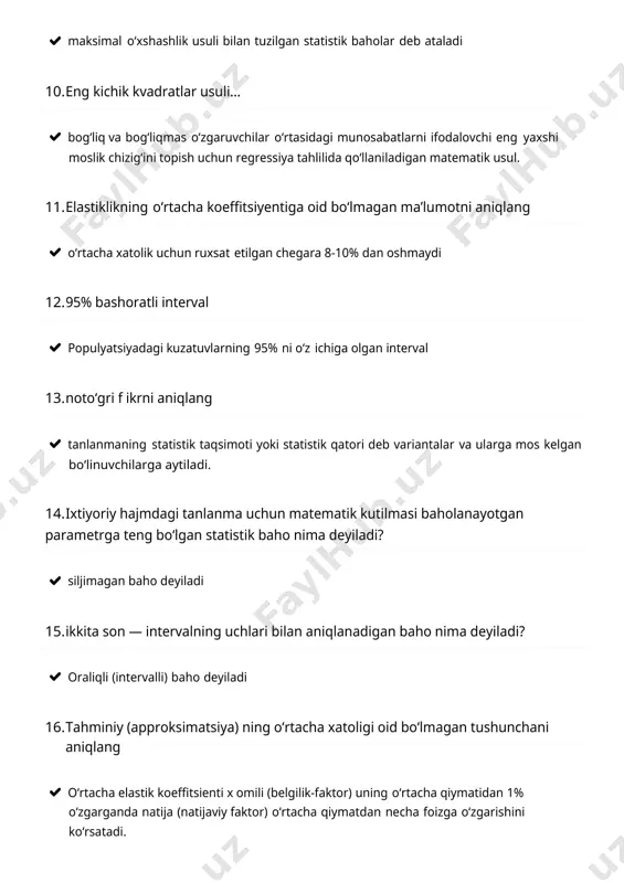 ng maʼlum biror hossasi haqidagi bildirilgan har qanday farazga aytiladi 31. tahminiy (approksimatsiya) ning oʻrtacha xatoligi- bu ... hisoblangan qiymatlarning haqiqiy qiymatlardan oʻrtacha nisbiy ogʻishi. 32. bir tasodifiy miqdorning oʻzgarishi, ikkinchi tasodifiy miqdorning taqsimoti oʻzgarishiga olib keladigan bogʻlanishga nima deyiladi? statistik bogʻlanish 33. ikkinchi tur xato qanday boʻladi? aslida notoʻgʻri boʻlgan gipoteza kriteriyning qiymati gipotezani qabul qilish sohasiga tushganligi sababli qabul qilinadi. 34. birinchi tur xato qanday boʻladi? aslida toʻgʻri boʻlgan gipoteza kriteriyning qiymati kritik sohaga tushganligi sababli rad etiladi. 35. koʻp oʻlchovli regressiya deganda nima tushiniladi? ikki yoki undan ortiq oʻzgaruvchilar orasidagi bogʻliqlik tushuniladi 36. oraliqli (intervalli) baho exsel dasturining standart funksiyasini aniqlang doverit (alfa;stand_chetlanish;razmer) 37. regressiya tenglamasina aniqlang 38. kritik sohalar qanday hollari uchramaydi? har tomonlama kritik soha: {tn=tkr } 39. parametrik gipoteza deyiladi, … agar gipoteza nomaʼlum taqsimot qonuni parametrlarining qabul qilishi mumkin boʻlgan qiymatlari haqida boʻlsa 40. eng kichik kvadratlar deganda nima tushiniladi? bogʻliq va bogʻliqmas …