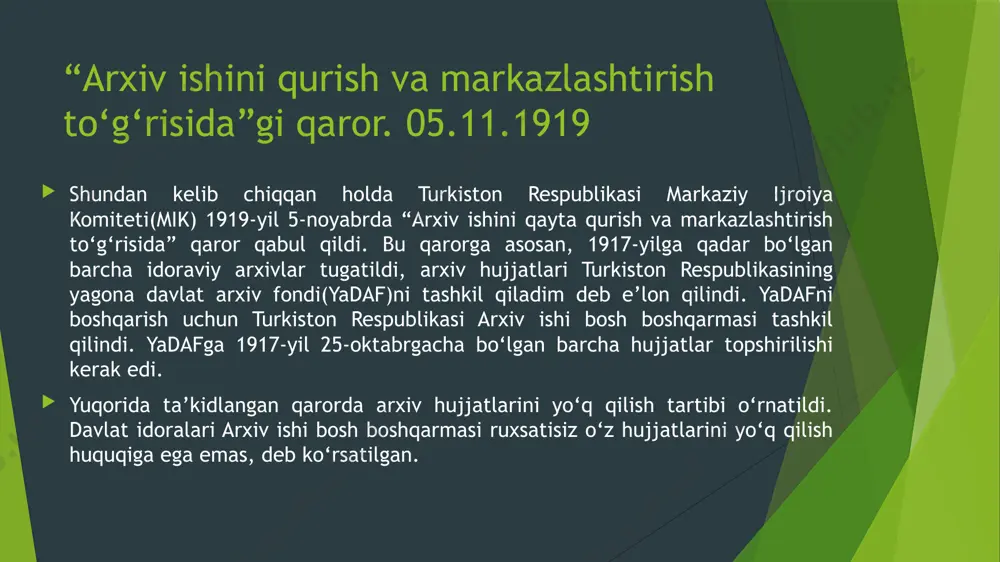 toshkentda vujudga kelgan edi. shunday qilib, o‘zbekiston arxivida faqat respublika tarixiga oid hujjatlargina emas, balki butun o‘rta osiyo tarixiga oid materiallar saqlana boshladi. viloyatlarda arxiv byurolari tashkil etildi. 1925-yilda farg‘ona, samarqand, toshkent, zarafshon viloyatlari arxiv byurolari, 1926-yilda esa, xorazm, qashqadaryo, surxondaryo viloyatlari arxiv byurolari ochildi. 1925-1930-yillarga kelib, arxivlarda ishlaydigan xodimlar soni qisqartirildi. bu yillarda ittifoqda industrlashtirish siyosati natijasida butun mablag‘ qat’iy tejalgan holda industrlashtirishga saflangan edi(1924-yilda 46 ta, 1925-1930-yillarda 17 ta xodim arxivda ishlagan). bu hol arxiv tashkilotlari faoliyatiga salbiy ta’sir ko‘rsatib, ulardan foydalanishni tashkil etish sur’ati ancha pasaydi. arxivlar o‘rta osiyoda milliy-hududiy chegaralanishning o‘tkazilishi, turkiston, buxoro, xorazm respublikalarining tugatilishi munosabati bilan bu respublikalar davlat idoralari arxiv materiallarini qabul qilish, ularni resoublika poytaxti samarqandga tashib borish ishlarini amalga oshirdilar. faqat 1925-yil yanvarning o‘zida arxiv ishi markaziy boshqarmasiga 50 mingga yaqin saqlov birligidagi arxiv materiallari topshirildi. sho’ro davri arxivlarining ko‘payib borishi bilan ittifoq mik va xks qarori asosida 1929 yil aprelda …