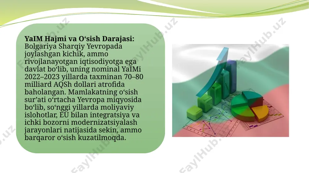 tez sur’atlarda o‘smoqda. bu tarmoq nafaqat ichki bozorni, balki xorijiy investitsiyalarni ham jalb qilmoqda. energetika va resurslar sektori energetika manbalari va ishlab chiqarish: bolgariyada energetika sektori, jumladan, yadro energetikasi (masalan, kozloduy yadroviy elektrostansiyasi), shamol va quyosh energiyasi loyihalari rivojlanmoqda. ushbu soha mamlakatning energiya xavfsizligini ta’minlash, energiya eksporti va investitsiya salohiyatini oshirishga qaratilgan. tabiiy resurslar: mamlakatda ayrim tabiat resurslari, jumladan, minerallar va boshqa foydali qazilmalar mavjudligi sanoat va energetika sohalarining rivojlanishiga turtki bo‘ladi. savdo va logistika yevropa ittifoqi bilan integratsiya: bolgariya eu a’zosidir, shuning uchun uning savdo va logistika sektori eu bozoriga kirish imkoniyatiga ega. asosiy savdo sheriklari – yevropa mamlakatlari bo‘lib, bu eksport-import operatsiyalarini barqarorlashtiradi. logistika infratuzilmasi: zamonaviy transport, logistika va kommunikatsiya infratuzilmasi rivojlanishi, mamlakatning iqtisodiy faolligini oshirishda muhim rol o‘ynaydi. eksport va import hajmlari: bolgariya eu a’zosi sifatida savdo operatsiyalarining katta qismi yevropa ittifoqi mamlakatlari bilan amalga oshiriladi. mamlakat eksporti asosan sanoat mahsulotlari (masalan, mashinasozlik, elektronika, kimyo mahsulotlari), qishloq …