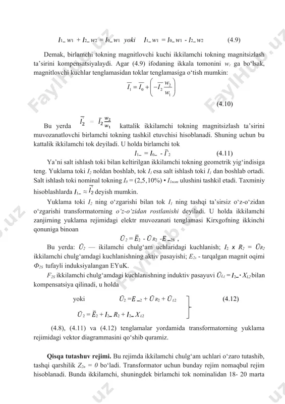 dan ko‘rinadiki, transformatorning ikkilamchi chulg‘ami ampermetr a2 orqali qisqa tutashtirilgan. 4.9-rasm tajriba vaqtida birlamchi chulg‘amga potensiometr p yordamida ikala chulg‘amdan ham nominal toklar (i1 = i 1 nom ; i 2 = i 2 nom) o‘tadigan darajada pasaytirilgan kuchlanish beriladi. bu kuchlanish transformatorning qisqa tutashuv kuchlanishi (uq) deyiladi: qisqa tutashuv kuchlanishi transformator nominal kuchla- nishining kichik ulushini (u k ≈ 0,1u1n) tashkil etgani uchun po‘lat o‘zakdagi quvvat isrofi p n ≈ 0 deyish mumkin. u holda qisqa tutashuv paytida vattmetr ko‘rsatgan quvvat pq miss chulg‘amlarning qizishiga sarf bo‘lgan quvvat isrofi p ga teng bo‘ladi, ya’ni: p k = 0 + p m = p m tajribadan olingan ma’lumotlar bo‘yicha transformatorning qisqa tutashuv parametrlarini aniqlash mumkin: 4. uch fazali transformator chulg’amlarining ulanish sxemalari uch fazali transformatorlar, asosan, uch fazali tok sistemasini transformatsiyalash uchun ishlatiladi. uch fazali transformator umumiy po‘lat o‘zakka ega bo‘lib, alohida fazalarning toklari hosil qilgan barcha magnit oqimlari ana …