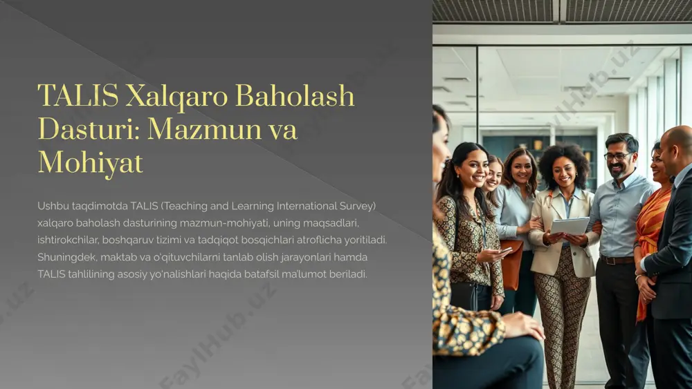 shqaruv tizimi ishtirokchilar talis tadqiqotida umumiy o‘rta ta’lim muassasalarining rahbar va pedagog kadrlari ishtirok etadi. so'rovnomalar har bir so‘rovnoma uchun taxminan 45-60 daqiqa vaqt sarflanadi, so‘rovnomalar onlayn yoki qog‘oz shaklda amalga oshiriladi. tadqiqot bosqichlari tadqiqotlar maktab o‘qituvchilari va direktorlariga o‘z fikrini bildirish imkonini beradi, natijalar davlatlar va xalqaro miqyosda solishtirma tahlil qilinadi. 5 maktab va o‘qituvchilarni tanlab olish vakillik namunasi talis tadqiqotiga kiritiladigan maktablar har bir davlatning umumiy ta'lim muassasalari tizimini ishonchli tarzda aks ettirishi kerak. maktablar tasodifiy ravishda tanlanadi. maktablar soni odatda har bir mamlakatda talis tadqiqotida 200 dan ortiq maktab ishtirok etadi. mamlakatning ta'lim tizimi hajmi va xilma-xilligiga qarab, bu raqam o‘zgarishi mumkin. o'qituvchilar tanlovi har bir tanlangan maktabdan ma’lum miqdorda o‘qituvchilar tasodifiy ravishda tanlab olinadi. odatda har bir maktabdan o‘rtacha 20 nafar o‘qituvchi so‘rovda ishtirok etadi. 6 talis tahlilining asosiy yo'nalishlari malaka va tajriba o‘qituvchilarning professional rivojlanishi, malaka oshirish kurslari va kasbiy tayyorgarlik jarayonlari. o'qitish amaliyoti o‘qituvchilarning …