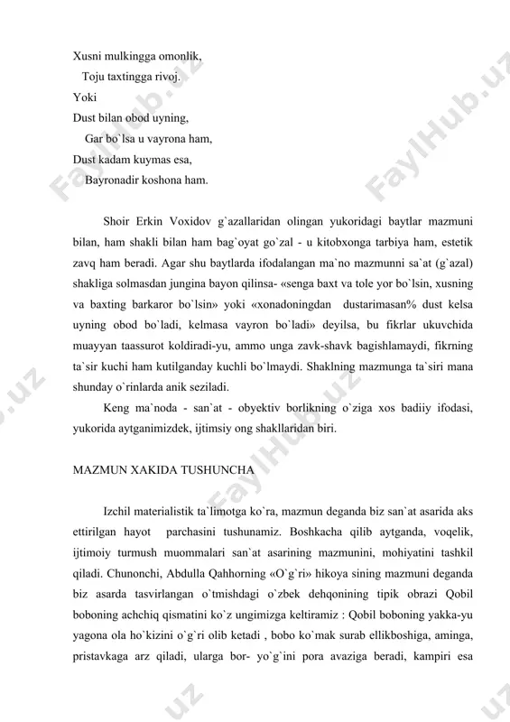 anadi. shunga ko`ra san`at asarining mazmuni deganda biz muayyan asarda ifodalangan g`oyaviy mazmuni tushunamiz. adabiy-badiiy asarning g`oyaviy mazmunini tahlil qilar ekanmiz, biz shu jarayonda avtorning hayotni qanday tushunganini va unga qanday baho berganini aniqlaymiz. avtorning hayotga munosabati-unga bergan baxosi asardagi obrazlar tizimida o`z ifodasini topadi: obraz - badiiy asarning g`oyaviy mazmunini ifodalovchi vosita- shakl. o`z navbatida, obraz so`zlar vositasi bilan yaratilar ekan, o`z vositasiga nisbatan mazmundir. l.i. timofeyevning ta`kidlashicha, tip ( so`z) obrazga nisbatan shakl, obraz esa asarning g`oyaviy mazmuniga ko`ra shakldir. asardagi nutqiy ifodalar, kompozitsiya, ritmik- intonatsion vositalar obrazning mohiyatini ochishga xizmat qiladi, shu orqali asar mazmunini ifodalaydi. mazmun - voqelikning badiiy ifodasi der ekanmiz, biz bu o`rinda obrazni, ya`ni inson hayotining konkret badiiy manzaralarini nazarda tutamiz. yozuvchi hayotni obrazlar vositasida aks ettirar ekan shu obrazning faoliyatiga o`z qarashlarini, ya`ni tendensiyasini singdirib yuboradi n.a. nekrasov «rossiyada kim yaxshi yashaydi» poemasida baxt problemasini ko`tarib chiqar ekan, bu masalaga sinfiy nuqtai …