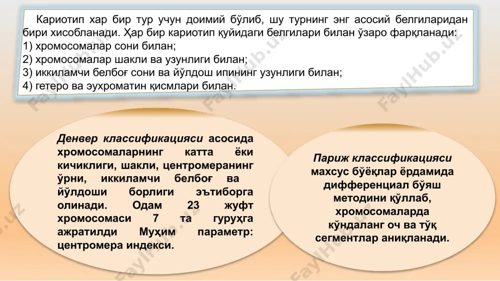 нтлар - конститутив гетерохроматин, хромосомани иккала елкасини центромера олди районларида жойлашади; т - сегментлар - хромосомани теломера районларида жойлашади. хромосомаларни дифференциал бўялишини кимёвий табиати ҳали ўрганилмоқда: 1-гипотеза: одам хромосомасидаги азотли асослар аденин - тимин и гуанин – цитозин сонига қараб. а-т кўп бўлган қисмлар асосан акрихин-иприт билан боғланади, демак, q-сегментларда а-т жуфтлари кўп; r-сегментлар г-ц – жуфтлари кўп бўлган қисмга тўғри келади. 2- гипотеза хромосомаларни бўёқларда бўялиши ва визуализацияси днк – оқсил комплекси билан боғлиқ. париж классификацияси бўйича хромосомаларни дифференциал бўялиши т - метод q – метод жинсни тез аниқлашда, y ва x хромосомалар орасидаги транслокацияда, y билан боғлиқ мозаицизмда қўлланади. g - метод хромосома азотли асослар жуфти генлар миқдори оқсил кодловчи генлар миқдори x-хромосома 155270560 1672 837 y-хромосома 59373566 429 76 1 249250621 3511 2076 2 243199373 2368 1329 3 198022430 1926 1077 4 191154276 1444 767 5 180915260 1633 896 6 171115067 2057 1051 7 159138663 1882 979 …