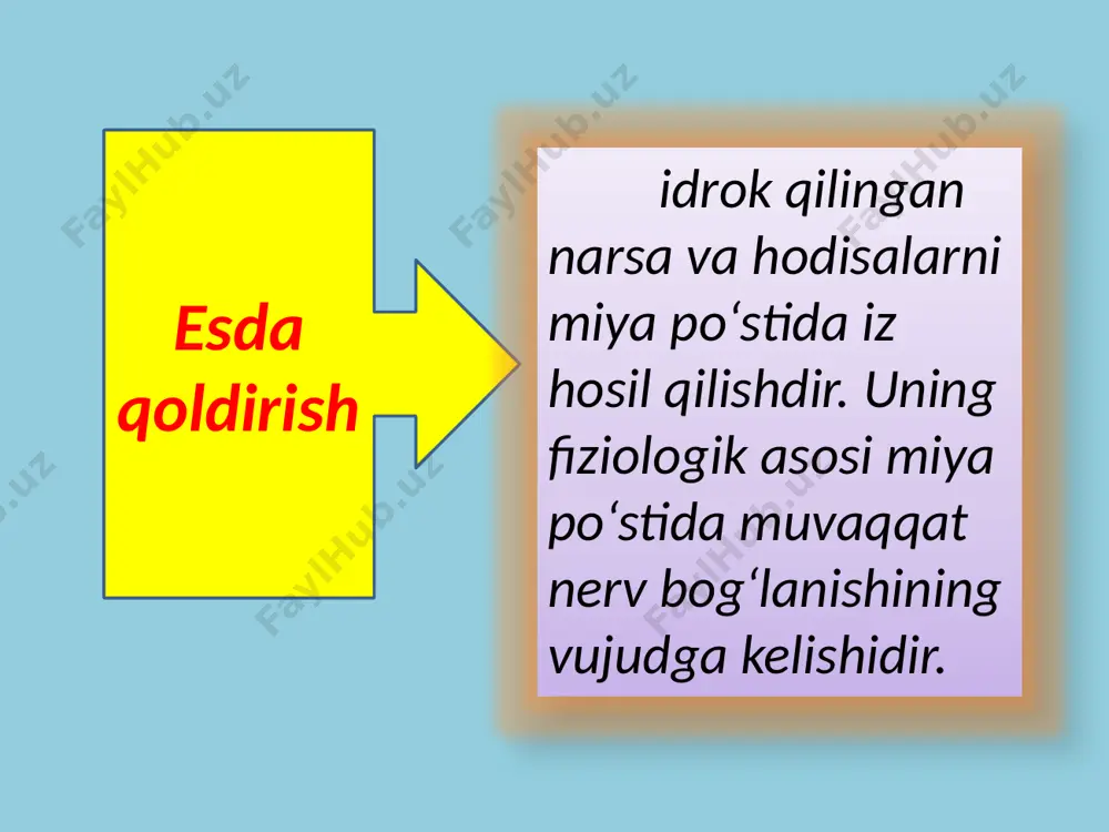 ayni paytda idrok qilmay esga tushirishdir. bevosita eslash- tushirish materialni idrok qilish ketidanoq esga tushirishdan iborat. vaqt o‘tkazib eslash- esda olib qolingan narsani oradan bir qancha vaqt o‘tkazib esga tushirishdirki, bunda shu orada ongimizda boshqa jarayonlar o‘tgandek bo‘ladi. ixtiyorsiz esga tushirish -o‘z oldiga biror bir maqsadni qo‘yamasdan iroda kuchini sarf qilmasdan esga tushirishdir. ixtiyoriy esga tushirish-shaxs o‘z oliga biror bir maqsadni qo‘yib, iroda kuchini sarflagan holda esga tushirishdir. esda saqlash deganda ilgari tug‘ilgan taassurot, fikr, his-tuyg‘u va ish-harakatlarning takrorlanishiga moyillik paydo qilishi va mustahkamlanishi tushuniladi reminissensiya hodisasi (xira esga keltirish)-unutilgan narsalarni yana xotirada qaytadan tiklanishi deyiladi esda olib qolish va unutish tezligiga ko‘ra xotiraning quyidagi tiplari mavjud: 4) sekin esda qoldirib, tez unutish. 3) sekin esda qoldirib, sekin unutish; 2) tez esda qoldirib, tez unutish; 1) tez esda qoldirib, sekin unutish; xotira tasavvurlari -ilgari idrok qilingan narsa va hodisalar obrazlarining ongimizda qaytadan gavdalanishiga aytiladi xotira jarayonining asoslari iii –yo‘nalishda o‘rganilgan: …