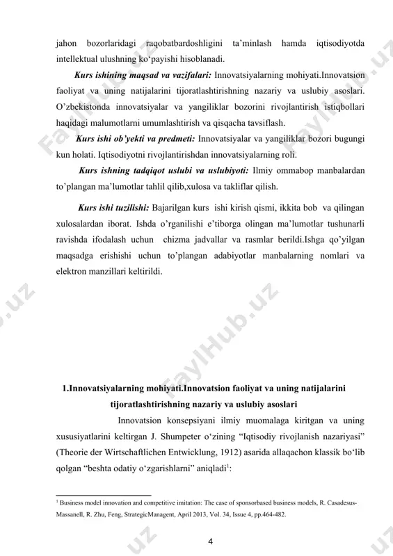 yoki u yangi yaratilganligidan qat’iy nazar, yana yangi xom ashyo yoki yarim tayyor mahsulotni qo‘lga oling. 5.muayyan sanoatni tashkil qilishdagi o‘zgarishlarni amalga oshirish, xususan, monopol mavqega ega bo‘lish (masalan, trestlarni yaratish orqali) yoki uni yo‘qotish. ushbu ta’riflarning o‘ziga xos xususiyati va ahamiyati shundaki, j. shumpeter tomonidan ishlab chiqarish sohasidagi yangiliklarni nafaqat texnologiyada, balki ishlab chiqarishni tashkil etishda hamda tadbirkorning ongli faoliyati natijasi bo‘lgan sifat o‘zgarishlarda ham ko‘rish mumkin. j. shumpeterning fikriga ko‘ra, innovatsiya - bu tadbirkor tomonidan amalga oshiriladigan ishlab chiqarish sharoitlari va omillarining yangi kombinatsiyasi (“yangi kombinatsiya”). xalqaro standartlarga muvofiq, innovatsiya quyidagi shakllarda mujassam bo‘lgan yangilikning yakuniy natijasi sifatida belgilanadi: [footnoteref:2] [2: abdusattarova x.m. innovatsiya strategiyasi. o’quv qo’llanma - t.: tdiu, 2011. ] 1. bozorlarga kiritilgan yangi yoki takomillashtirilgan mahsulotlar yoki xizmatlar. 2. yangi yoki takomillashtirilgan texnologik jarayonlar. 3. ishlab chiqarishni tashkil qilishning amalda qo‘llaniladigan yangi usullari. ko‘rib chiqilgan yondashuvlarni umumlashtirib, innovatsiyalar quyidagicha tuzilishi mumkin: · mahsulot yangiliklari (yangi …