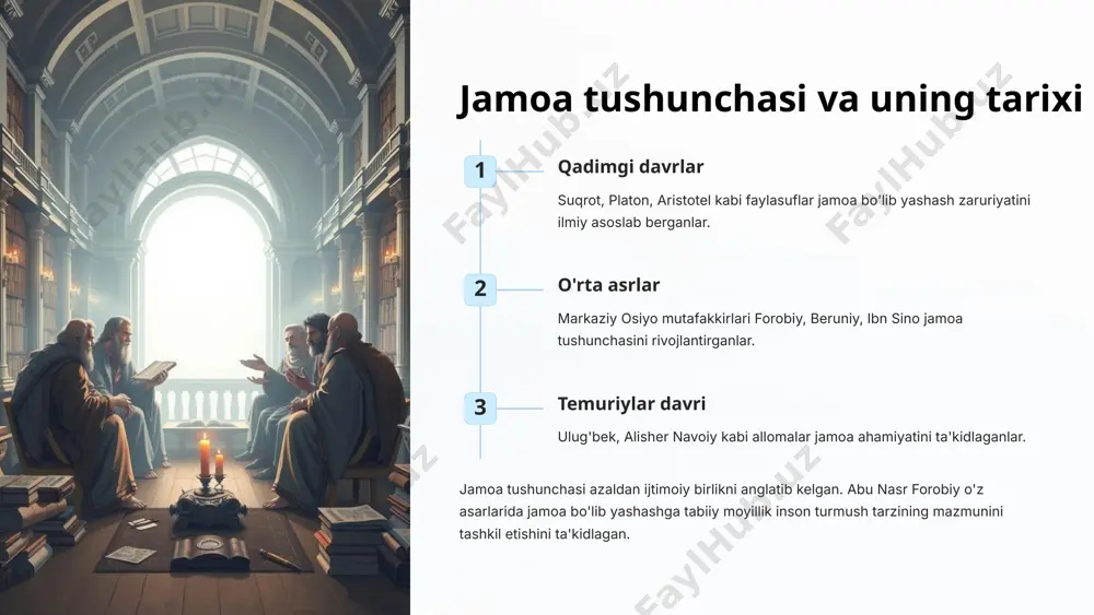 diga mustaqil ravishda jamoa manfaatlarini ifoda etuvchi talabni qo'yish layoqatiga ega bo'ladi. 8 jamoani shakllantirishda o'qituvchining roli rahbarlik o'qituvchi jamoani shakllantirish jarayonida yetakchi rol o'ynaydi. yo'naltirish jamoa faoliyatini to'g'ri yo'naltirib boradi va maqsadli tarzda tashkil etadi. qo'llab-quvvatlash jamoa a'zolarini rag'batlantiradi va ularning faolligini oshiradi. nazorat jamoa rivojlanish jarayonini kuzatib boradi va zarur hollarda tuzatishlar kiritadi. o'qituvchi jamoani shakllantirishda muhim rol o'ynaydi. u jamoa hayotini tashkil qilish usullarini murakkablashtiradi va jamoa o'z-o'zini boshqarishga o'tishiga yordam beradi. 9 maktabgacha yoshdagi bolalar jamoasining xususiyatlari yosh xususiyatlari jamoa xususiyatlari tarbiyachining roli ijtimoiy ko'nikmalarning shakllanishi dastlabki jamoa asoslarining paydo bo'lishi bosh tashkilotchi hamkorlik qobiliyatining rivojlanishi birgalikdagi faoliyatdan quvonch olish yo'naltiruvchi mustaqillikning ortib borishi o'zaro yordam va mas'uliyatlilik belgilari kuzatuvchi va qo'llab-quvvatlovchi maktabgacha yoshdagi bolalar jamoasi o'ziga xos xususiyatlarga ega. bu davrda jamoaning dastlabki asoslari shakllanadi va tarbiyachi bosh tashkilotchi rolini o'ynaydi. 10 jamoaning tarbiyaviy ahamiyati hamkorlik ko'nikmalarini rivojlantirish jamoa bolalarga birgalikda ishlash, fikr almashish va …