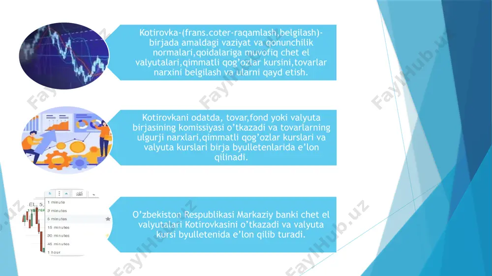 ot haftasida sotilgan har bir tovarning o‘rtacha narxlari hisobi birjalar tomonidan quyidagi formula asosida amalga oshiriladi: so‘ = (x1xy1 + x2xy2 +…+ xnxyn) / (x1+x2+….+xn), bunda: so‘ — o‘rtacha narx; x1,2,...n — hisob davrida (haftada) tuzilgan har bir bitim bo‘yicha sotilgan tovarning hajmi; y1,2,...n — hisob davrida (haftada) tuzilgan har bir bitim bo‘yicha sotilgan tovarning narxi. har bir tovar turi bo‘yicha o‘rtacha narxlarning hisobi hisobot haftasida tuzilgan barcha bitimlar to‘g‘risidagi ma’lumotlarga asosan amalga oshiriladi. o`zbеkiston rеspublika tovar-xomashyo birjasida birja savdosi qoidalari birja savdosi – tovarlarni tovar-xomashyo birjasi orqali sotishni ta`minlaydigan o`zaro bog`liq chora-tadbirlar tizimi birja savdolari birjaning lokal savdo maydonchalari va filiallari ulangan birja umumiy elеktron savdo tizimida savdo sеssiyalari jadvali bo`yicha o`tkaziladi. savdo o`tkaziladigan vaqt va joyni o`zgartirish birja boshqarmasining qarori asosida o`tkaziladi, bu haqda savdo qatnashchilariga uch kalеndar kuni ichida xabar yetkaziladi. bir martalik holatlarda, zarurat tug`ilganda xabar bеrish muddati qisqartirilishi mumkin. .mazkur qoidalar doirasida birja savdolari qatnashchilari …