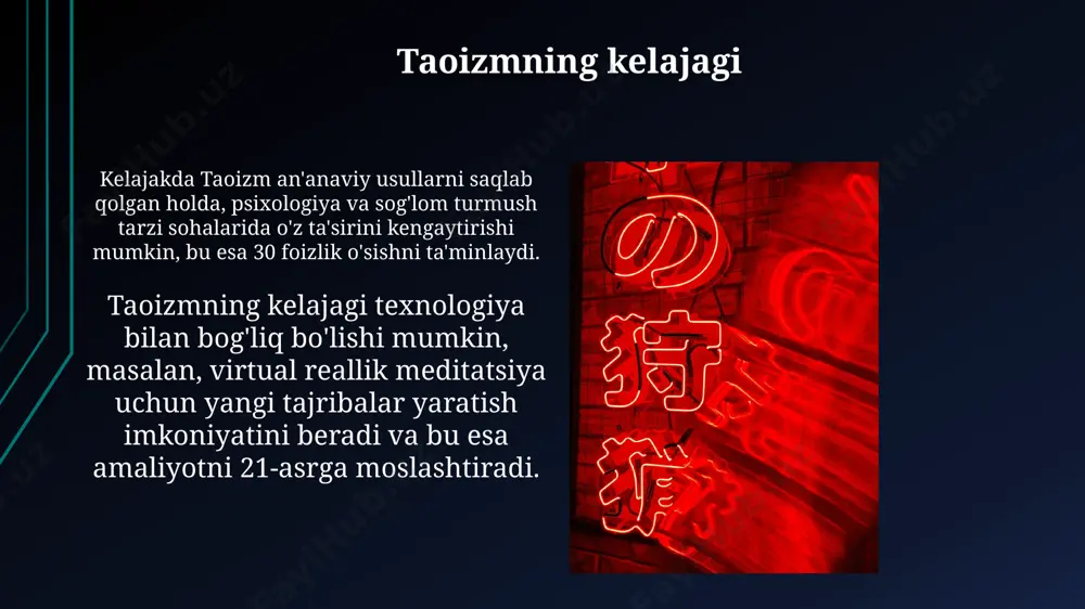 9-asrda janubi-sharqiy osiyoga migratsiya tao ibodatxonalarini barpo etgan. taoizmning muammolari va istiqbollari taoizmning kelajagi o'z ta'limotlarini internet va ijtimoiy media kabi zamonaviy platformalarda 40% ko'proq namoyish etish orqali yosh auditoriyani jalb qilish bilan bog'liq. taoizm ta'limotini yosh avlodga yetkazish muammosi dolzarb, chunki 75% o'qituvchilarning keksa avlod vakillari bo'lib, zamonaviy uslublar bilan tanish emas. taoizm va boshqa dinlar taoizm buddizm bilan o'zaro ta'sirda bo'lgan, ko'plab buddizm iboralarini, masalan, karmik qonunlarni va reinkarnatsiya tushunchasini qabul qilgan. bu sinkretizm viii asrda juda kuchaydi. taoizm konfutsiylik bilan o'zaro munosabatda bo'lgan, ammo ular turli xil urg'ularga ega: taoizm shaxsiy ozodlikni, konfutsiylik esa ijtimoiy tartib va axloqni ta'kidlaydi. taoizmning asosiy tamoyillari taoizmning asosiy tamoyillaridan biri yin va yangning muvozanatidir; bu ikki qarama-qarshi, ammo bir-birini to'ldiruvchi kuchlar o'rtasidagi dinamik o'zaro ta'sir, 5 element (wu xing) orqali aks etadi. taoizmning asosiy tamoyillaridan biri bu tabiiylik (ziran) bo'lib, u insoniyatning tabiiy tartibga mos ravishda, 10,000 narsaning mohiyatiga zid bo'lmagan …