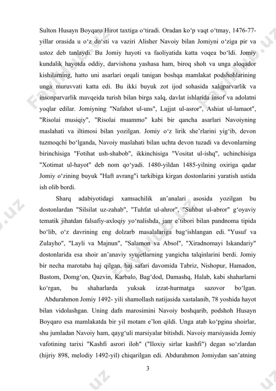 hopur, hamadon, bastom, domgʻon, qazvin, karbalo, bagʻdod, damashq, halab, kabi shaharlarni koʻrgan, bu shaharlarda yuksak izzat-hurmatga sazovor boʻlgan. abdurahmon jomiy 1492- yili shamollash natijasida xastalanib, 78 yoshida hayot bilan vidolashgan. uning dafn marosimini navoiy boshqarib, podshoh husayn boyqaro esa mamlakatda bir yil motam e’lon qildi. unga atab koʻpgina shoirlar, shu jumladan navoiy ham, qaygʻuli marsiyalar bitishdi. navoiy marsiyasida jomiy vafotining tarixi "kashfi asrori iloh" ("iloxiy sirlar kashfi") degan soʻzlardan (hijriy 898, melodiy 1492-yil) chiqarilgan edi. abdurahmon jomiydan san’atning rang-barang sohalariga oid boy meros qolgan. uning asarlari oʻz davrida va undan keyin ham koʻp qoʻlyozma nusxalarda koʻchirilgan. masalan, oʻzbekiston respublikasi fanlar akademiyasining abu rayhon beruniy nomidagi sharqshunoslik instituti, qoʻlyozmalar instituti fondlarida jomiy asarlarining xv — xvi asrlarda koʻchirilgan oʻnlab qoʻlyozmalarini uchratish mumkin. bunday qoʻlyozmalar yevropa, afgʻoniston, eron va rosiya mamlakatlaridagi boshqa qoʻlyozma fondlarida ham uchraydi. taniqli sharqshunos ye. e. bertels "jomiy" monografiyasida shoir asarlarining toshkent kulliyoti (oʻzr fa beruniy nomidagi sharqshunoslik …