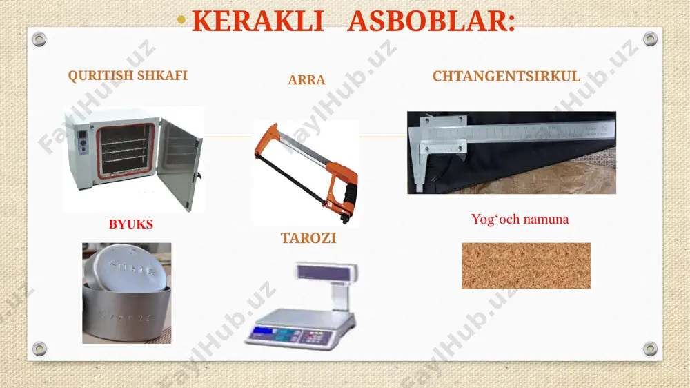 ‘lchamlari tekshiriladi. massasi o‘zgarmay qolguncha qurigan namunaning avvalgi o‘lchamlariga nisbatan qisqarishi quyidagi formuladan aniqlanadi: xisoblashlar 1-namuna uchun: 1) 2-namuna uchun: 1) = tajribadan olingan natijalar: ko‘rsatkichlar o‘lchov birligi belgilanishi namunalar sasna terak 1. namunaning qurishdan oldingi tangental o‘lchami. mm a 1,9 2,1 2. namunaning tangental yo‘nalishdagi chiziqning qurigandan keyingi o‘lchami. mm a1 1,75 1,9 3. namunaning radial yo‘nalishdagi chiziqning qurishdan oldingi o‘lchami. mm b 2,2 2,2 namunaning radial yo‘nalishdagi chiziqning qurishdan keyingi o‘lchami. namunaning qurishdan oldingi tolalar bo‘ylab o‘lchami. namunaning tolalar bo‘ylab yo‘nalishdagi chiziqning qurishdan oldingi o‘lchami. mm mm mm b1 l l1 2,0 3,1 3,09 2,1 3,2 3,19 7. yog’ochning tangental kichrayishi. 8. namunaning namligi. % % qt w 8 12 10,5 12 9. yog’ochning radial kichrayishi. 10. yog‘ochning tolalar bo‘ylab kichrayishi. 11. yog‘ochning xajmiy kichrayishi. 12. yog‘ochning xajmiy kichrayish koeffitsenti. % % % % qr ql qv kv 10 0,3 14 1,16 4,7 0,3 16 1,33 image4.png image5.png …