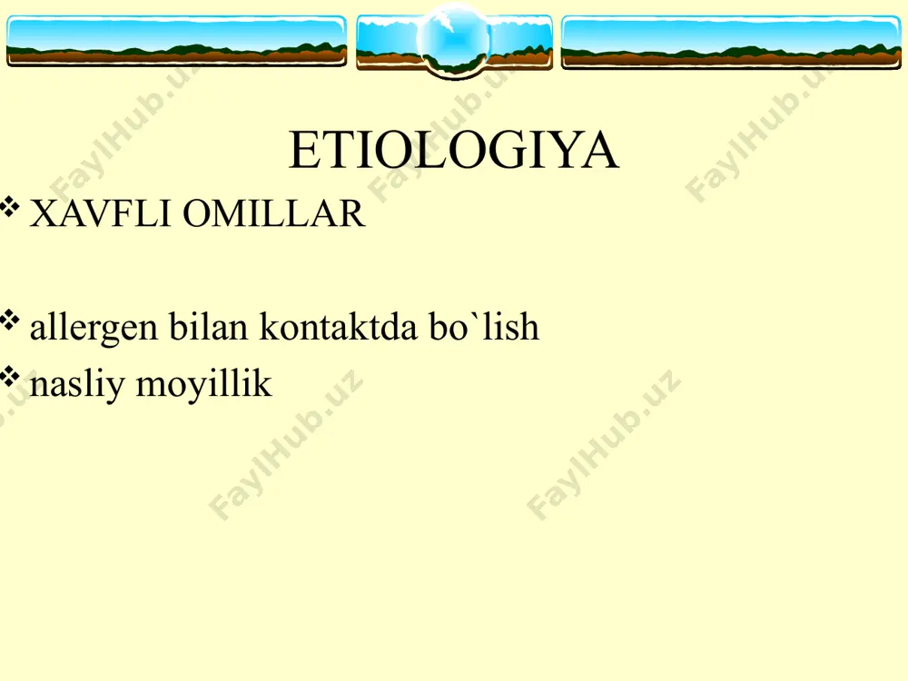ion b2-ago-nistlar, teofillinlar, yoki b2-ago-nistlar tabletkalarda yoki siropda lozim bulganda (kuniga 3-4 martagacha): kiska vakt ta'sir etuvchi bronxodilatatorlar –ingalyasion b2-agonistlar 3 pog`ona. o`rta darajadagi persistirlovchi astma lozim bo`lganda (lekin kuniga 3-4 martadan kam): qisqa vaqt ta'sir etuvchi bronxodilatatorlar - ingalyasion 2-agonistlar har kuni: ·ingalyasion kortikosteroidlar 800-2000 mkg; · uzoq vaqt ta'sir etuvchi bronxodilatatorlar, ayniqsa tungi simptomlarla: ingalyasion 2-agonistlar yoki teofillinlar, yoki 2-agonistlar tabletkalarda yoki siropda pag`onalar xuruj davrida qo`llaniladigan dori vositalari lozim b¢lganda: qisqa vaqt ta'sir etuvchi bronxodilatatorlar - ingalyasion 2-agonistlar har kuni: · ingalyasion kortikosteroidlar, 800-2000 mkg va undan ortiq; · uzoq ta'sir etuvchi bronxodilatatorlar: ingalyasion ?2-agonistlar yoki teofillinlar va/yoki ?2-agonistlar tabletkalarda yoki siropda; · uzoq vaqtga peroral kortikosterodlar 4 poqona. og`ir persistirlovchi astma xuruj davrida qo`llaniladigan dori vositalari ustivor(bazis) davo ba ning ustivor davosi asosini yalig`lanishga. qarshi terapiya tashkil etadi. 1.kromoglikat natriy. 2. nedokromil natriy. 3. kortikosteroidlar (ingalyasion, sistemali). 4. spesifik immunterapiya. kromoglikatnatriy va nedokromil natriy yengil ba …