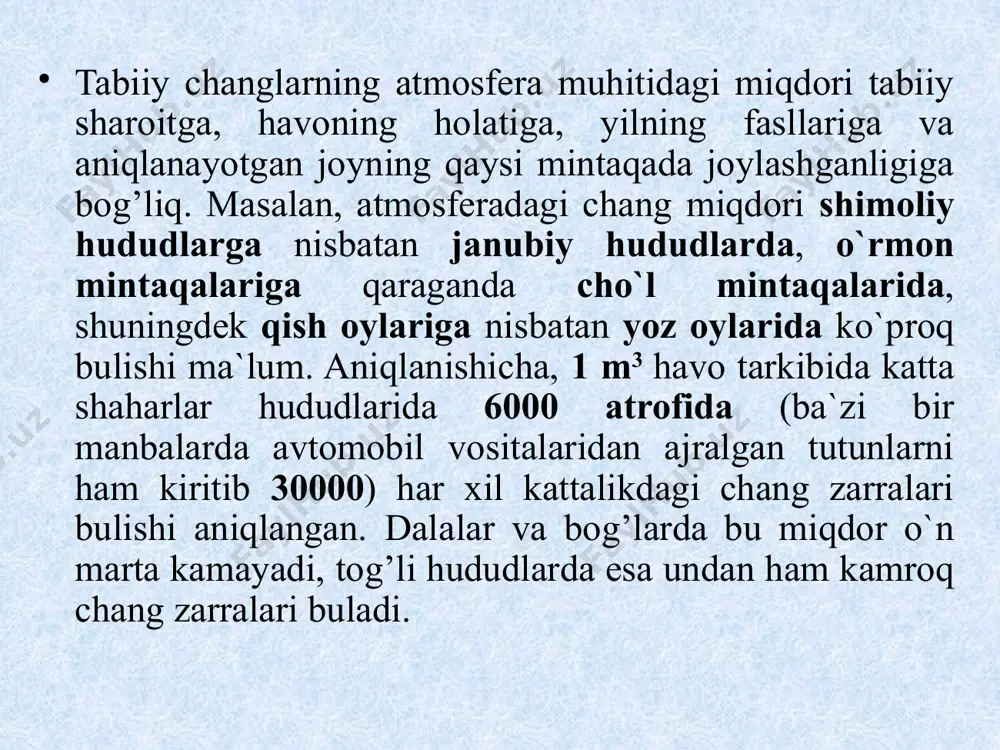 en sanaat karxanalarında hawanıń pataslanıw darejesin tekserıwde keń qollanıladı. sonlıqtan jumıs ornındaǵı shań muǵdarın tiykarınan tárezi usılında anıqlaydı. bul usıl menen shańdı rem birligi mg\m3-larda anıqlawǵa boladı. bunıń ushın m-822 markalı elektrorespirator jardeminde afa markalı shań tutqısh filtrlerden pataslanǵan hawanı ótkızıw jolı menen belgili waqıt ishinde hawadaǵı shań tutıp qalınadı. sońınan olardı terezide ólshep 1m3 hawanıń quramında qansha milligramm shań barlıǵı anıqlanadı. korxonalarda havonı changdan tozalash uchun har xil chang yutgıch qurollardan foydalanamız. ularning ishlash usulı, kurinishi, olchamlari va yutısh imkoniyatları har xil. shuning uchun changning fizik olchamlari va kimyoviy xususiyatlariga qarab kerakli chang yutgich qurılması tanlab olınadı. sanoatda foydalanıshga tagdim etilgen chang yutgichlarnıng chang zarrachalarin havodan ajratıb olısh uchun ularga korsatiladigan tasir kuchlari buyıcha quyidagi guruxları bor: quruq mexanik chang yutgichlar (havo oqimi tasiridan tosıqlarga mexanik toqnashish natiyjasida zarrachalar chokadi) nam chang yutgichlar (havodagı chang zarrachalarin bosım ostıda purkalgan suv yordamida choktırısh yoki suniy yollar bilan yuvish); elektr zaryadlovchı …