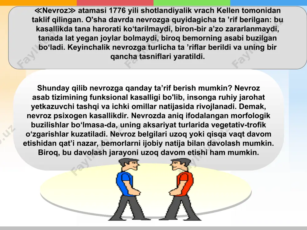 o‘proq ayollarda kuzatiladi, ayni paytda, uning kelib chiqishida xulq-atvorning bolalikdan isterik tarzda shakllanishi katta ahamiyat kasb etadi. ortiqcha ta’sirlanish, har narsaga haddan tashqari e’tibor berish, mustaqil fikrlay olmaslik, ortiqcha ishonuvchanlik, rang-barang histuyg‘ ularga berilish isteriya uchun juda xos belgilardir. ular ruhan va jismonan zaif kishilar hisoblanadi. ko‘pchilik isterik bemorlar fe’latvori bolalar fe’l-atvoriga o‘xshab ketadi. bunday bemorlar uchun atrofdagilar diqqatini o‘ziga jalb etish xosdir. isterik buzilishlar faqat nevrozlarda emas, balki psixopatiyalarda ham kuzatiladi. isterik nevroz simptomlari aksariyat hollarda, aslida bemorda bo‘lmaydigan xilmaxil kasalliklar alomatlarini eslatadi, shu bois ham isteriyani ≪katta mug‘ombir≫ deb atashadi. endi isteriyaning keng tarqalgan turlari bilan tanishib chiqamiz. es-hushning kirarli-chiqarli bo‘iib qolishi. birdan boshlanadigan va aksariyat hollarda tez tugallanadigan holat bo'lib, bunda bemor odam atrofga befarq bo'ladi, qayerda ekanligini fahmlay olmaydi, hozir soat nechaligini, o‘zi nima qilayotganini bilmaydi. bu holat bir necha daqiqadan bir necha soatgacha davom etishi mumkin. eshushning isterik torayishida bemor atrofda sodir bo‘layotgan voqealardan qisman …