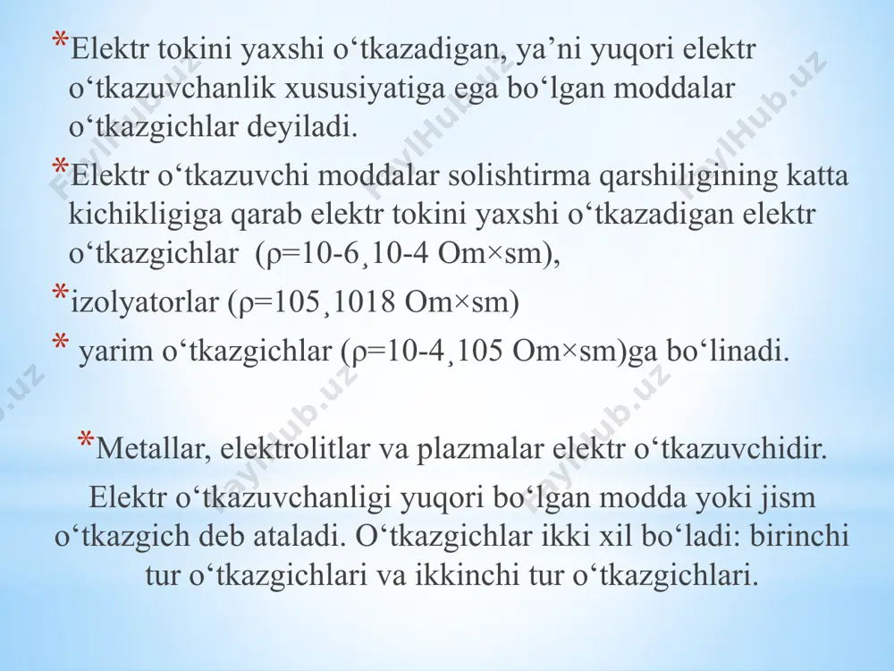 katta qarshilikka ega bo‘lib, undan o‘tadigan tok juda kichik, to‘g‘ri ulanishda esa, aksincha bo‘ladi. demak, p-n qatlam bir tomonlama o‘tkazish, ya’ni ventil xususiyatiga ega bo‘ladi. shu sababli yarim o‘tkazgichli dioddan o‘zgaruvchan tokni o‘zgarmas tokka aylantirishda keng foydalaniladi. diod, tranzistor, rezistor, induktivlik, kondensator kabi jajji asboblarning maxsus texnologiya asosida plyonkaga bosilib, o‘zaro biriktirilishidan hosil bo‘lgan sxemalar mikrosxemalar deyiladi. bu sxemalarni yaratishda elektron – nur va lazer texnikasidan foydalaniladi. murakkab elektrotexnik va elektron hisoblash mashinalarida bunday jajji asboblar ming-minglab ishlatiladi. shu sabali ularning ixcham va pishiq, ishlatishga qulay bo‘lishi juda katta ahamiyatga egadir. yarim o‘tkazgichli asboblar elektron va ion asboblarga nisbatan quvvat isrofi kamligi, gabarit o‘lchamlari va massasining kichik (ixcham)ligi, arzonligi, mexanik jihatdan pishiqligi, xizmat davrining kattaligi va ishga tushishining oddiyligi va qulayligi kabi afzalliklari tufayli keyingi yillarda radiotexnika, energetika, avtomatika, telemexanika va hisoblash texnikasining qator sohalarida keng qo‘llanilmoqda. image1.jpeg image2.png image3.jpeg image12.png image13.png image14.png image15.png image16.png image17.png image18.png image19.png image20.png image21.png …